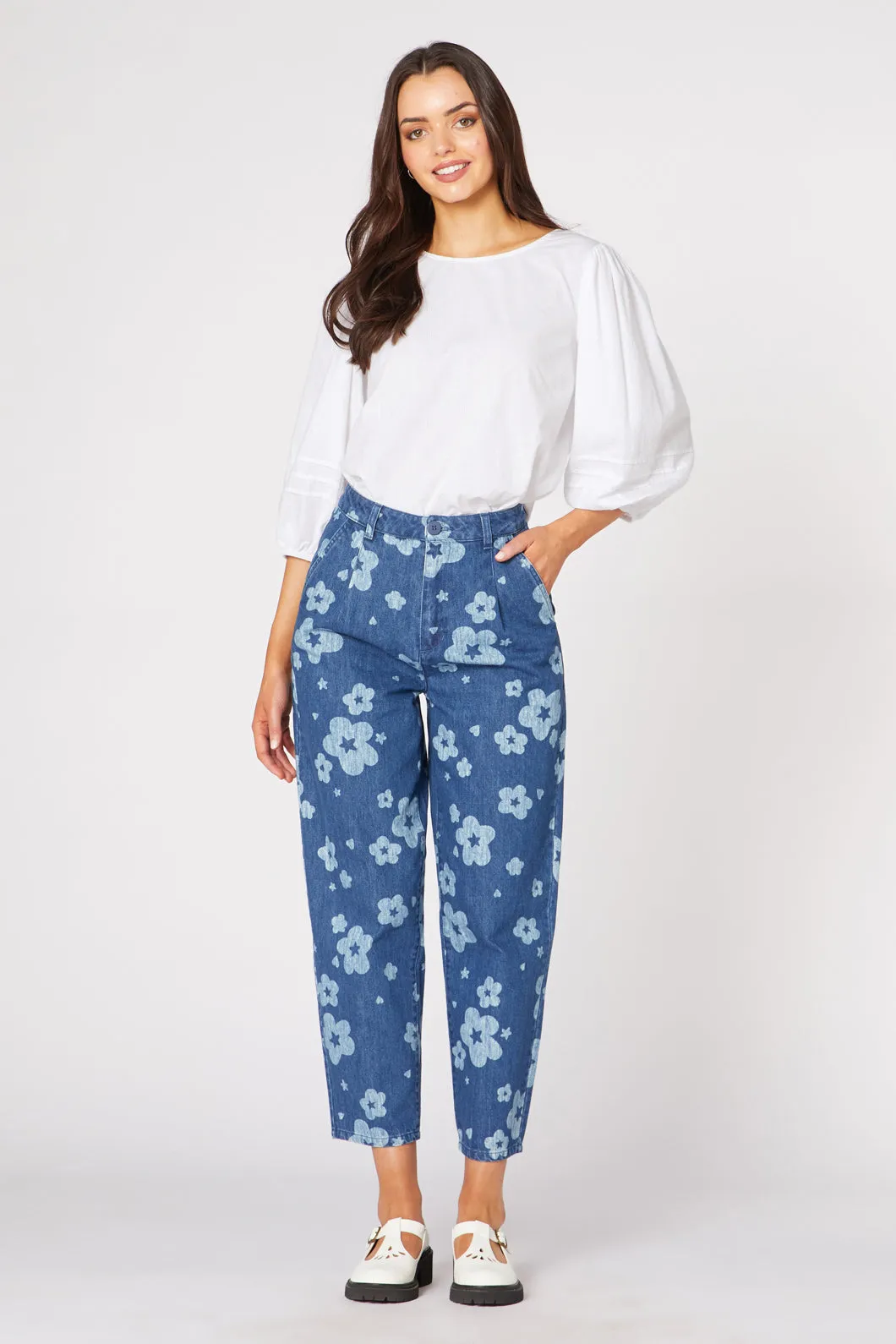 Indigo Starry Flower Tape Jean