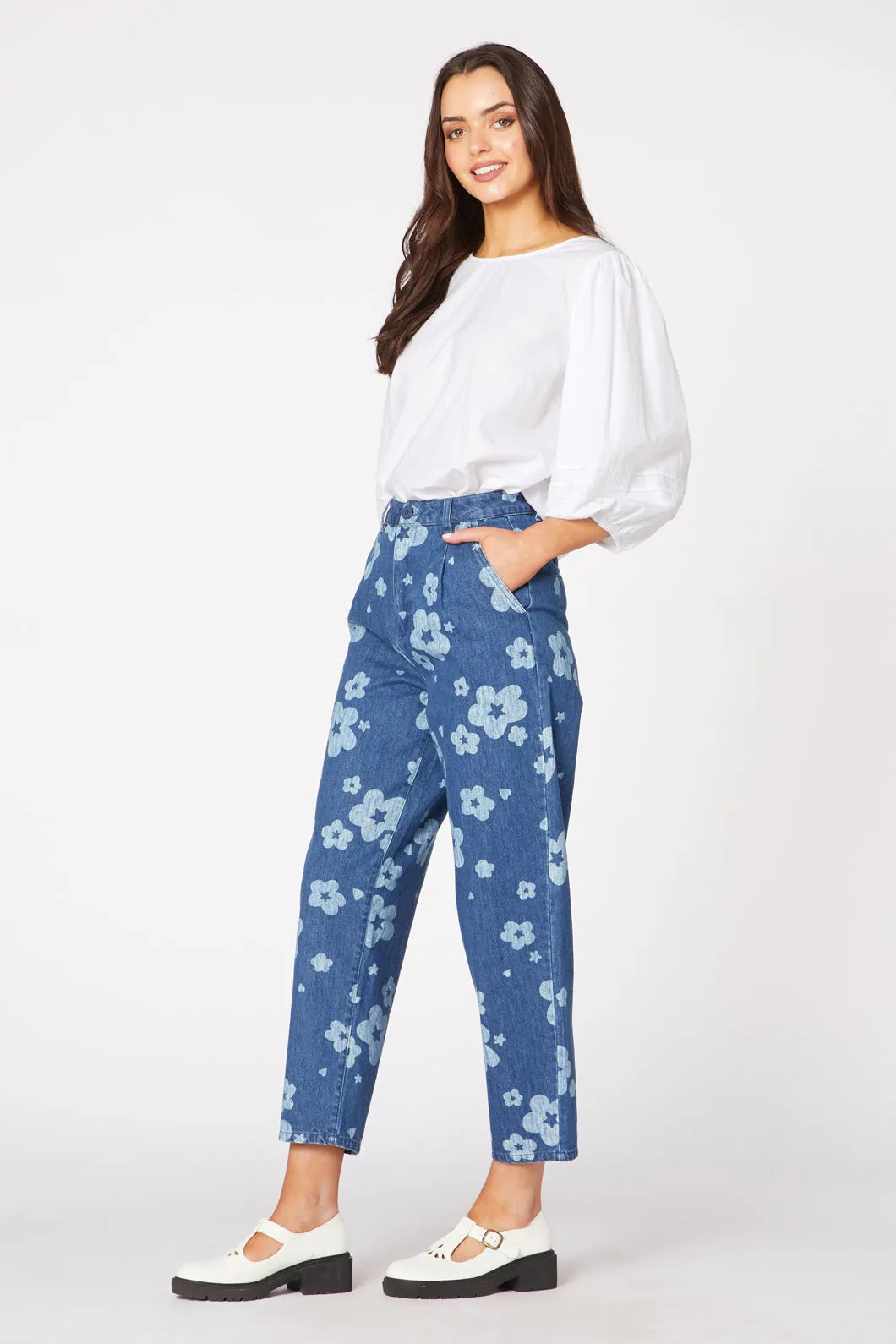 Indigo Starry Flower Tape Jean