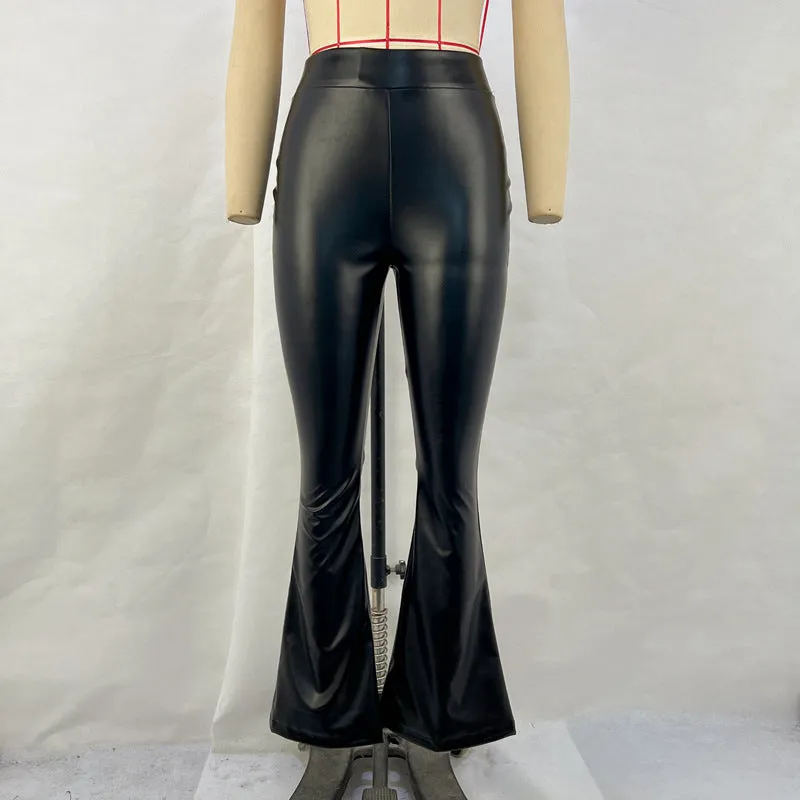 Lanfubeisi frat outfits Women's Winter New High Waist Light PU Leather Pants Trousers Black Glossy Flared Trousers Women's Pants