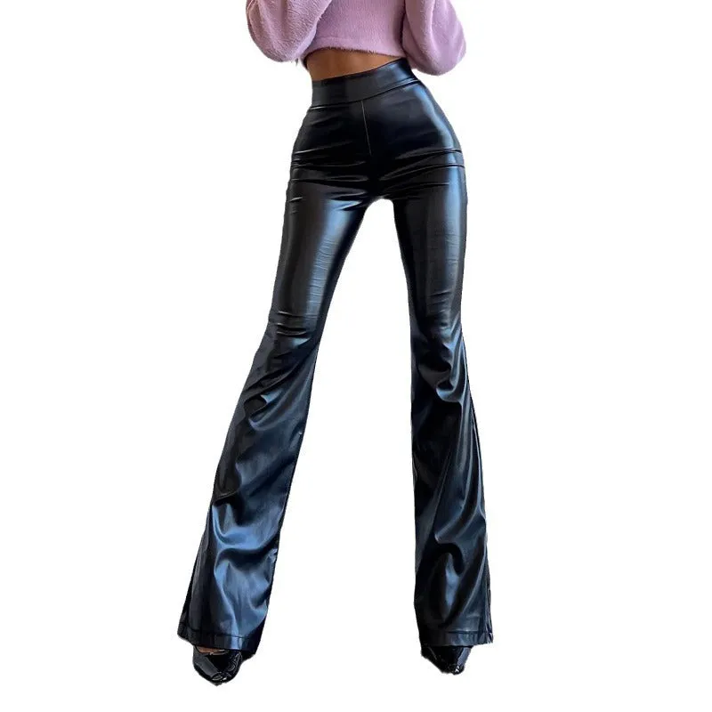 Lanfubeisi frat outfits Women's Winter New High Waist Light PU Leather Pants Trousers Black Glossy Flared Trousers Women's Pants