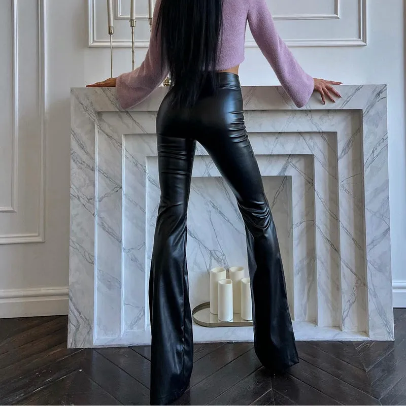 Lanfubeisi frat outfits Women's Winter New High Waist Light PU Leather Pants Trousers Black Glossy Flared Trousers Women's Pants