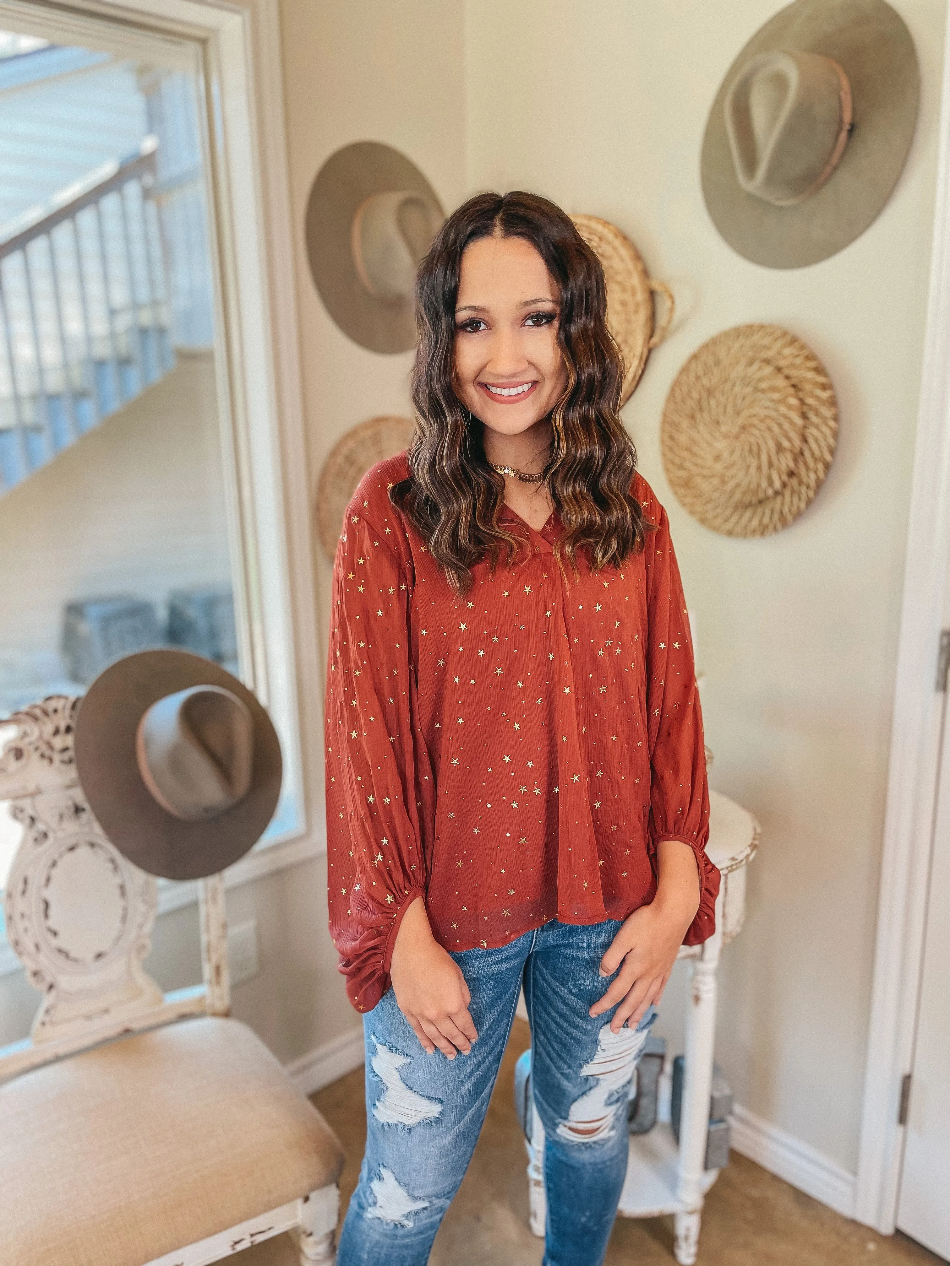 Last Chance Size Small | Stars in Her Eyes Gold Star V Neck Blouse in Rust