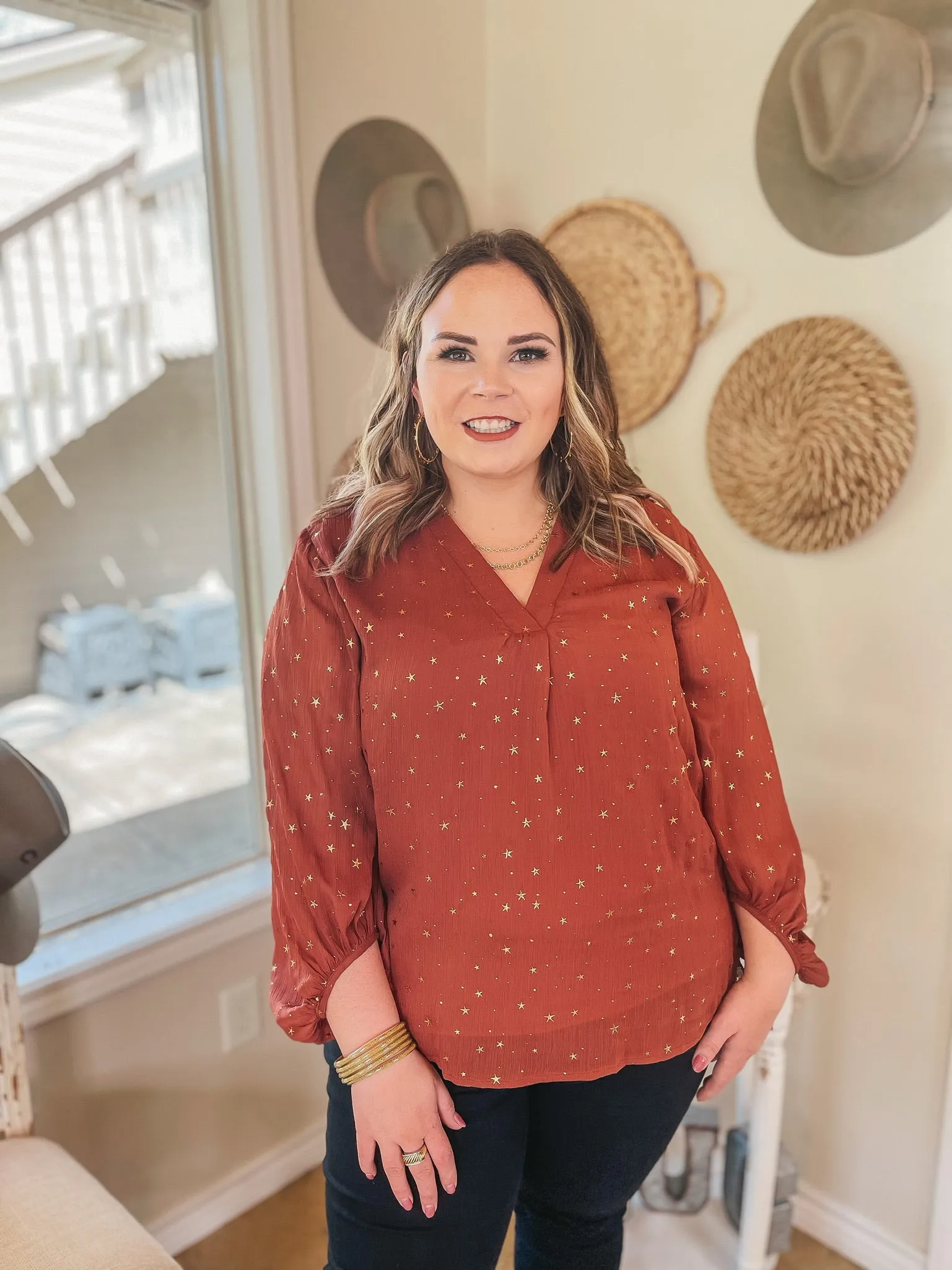 Last Chance Size Small | Stars in Her Eyes Gold Star V Neck Blouse in Rust