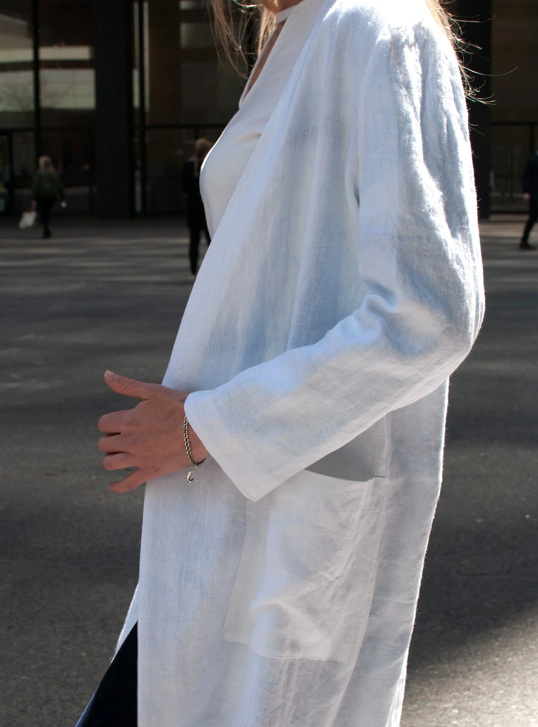 Lena Reversible Linen Vneck Coat in White and Indigo Itajime Shibori