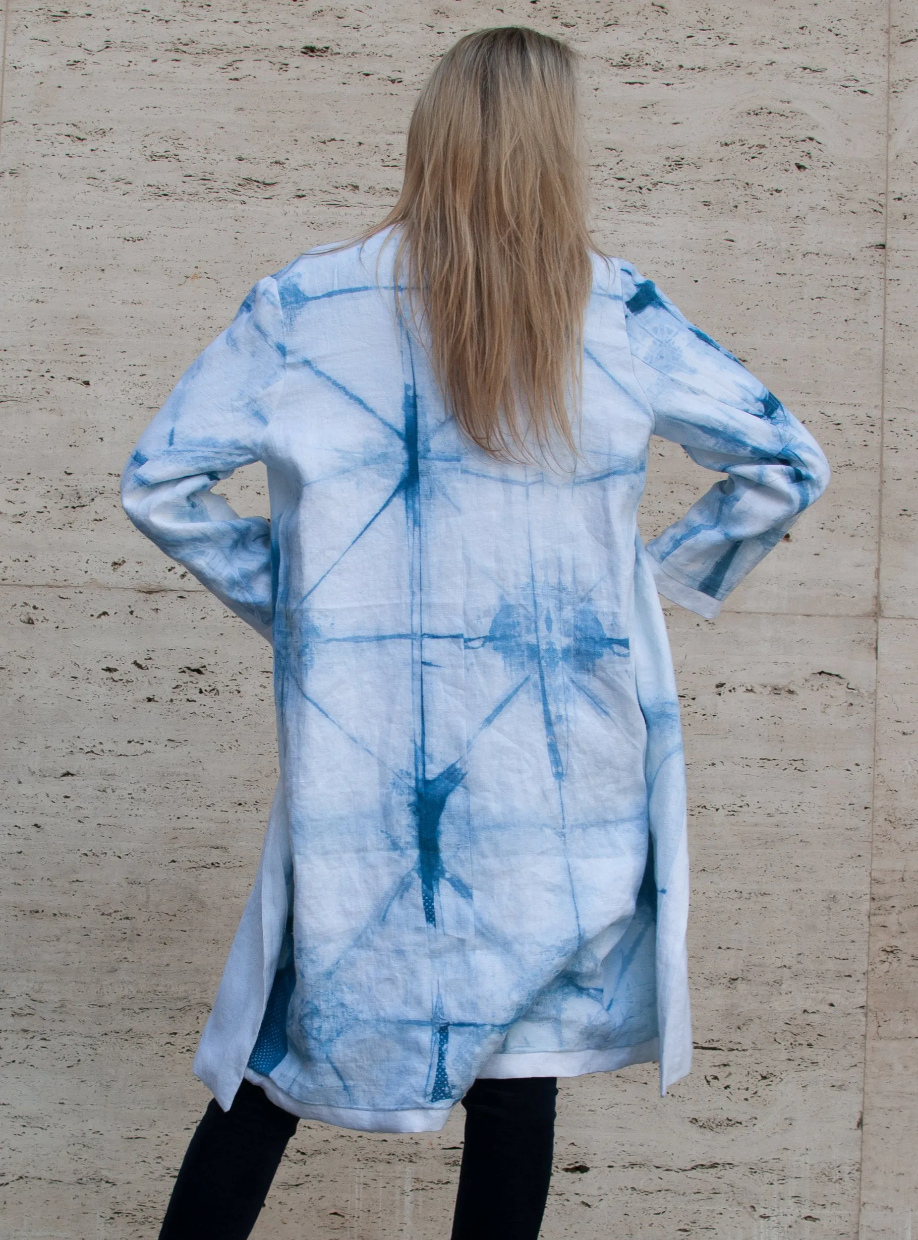 Lena Reversible Linen Vneck Coat in White and Indigo Itajime Shibori