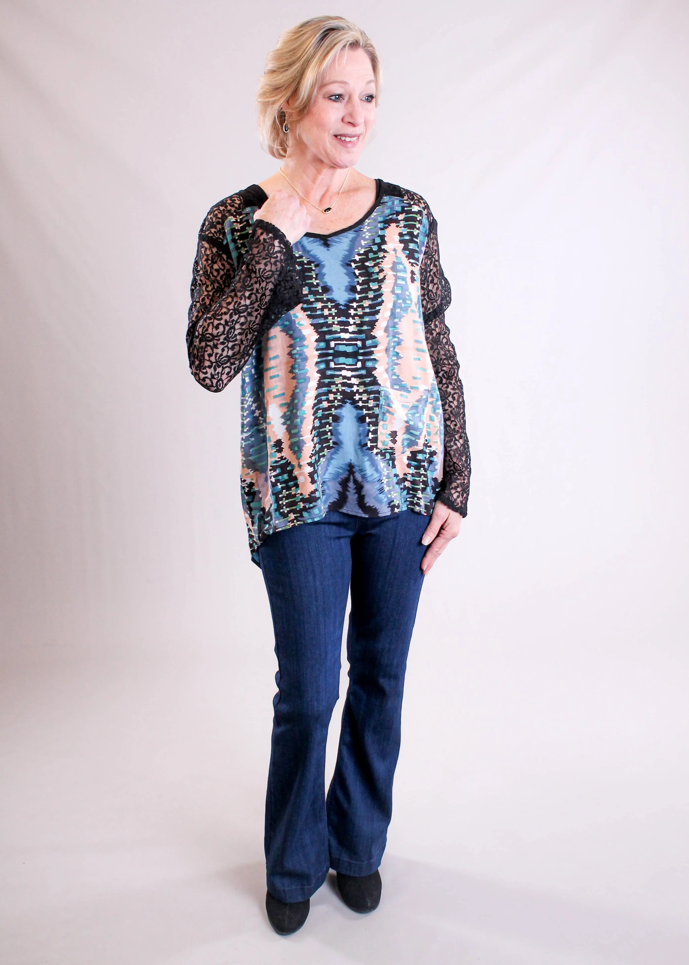 Lola P. Print Top with Lace Sleeves