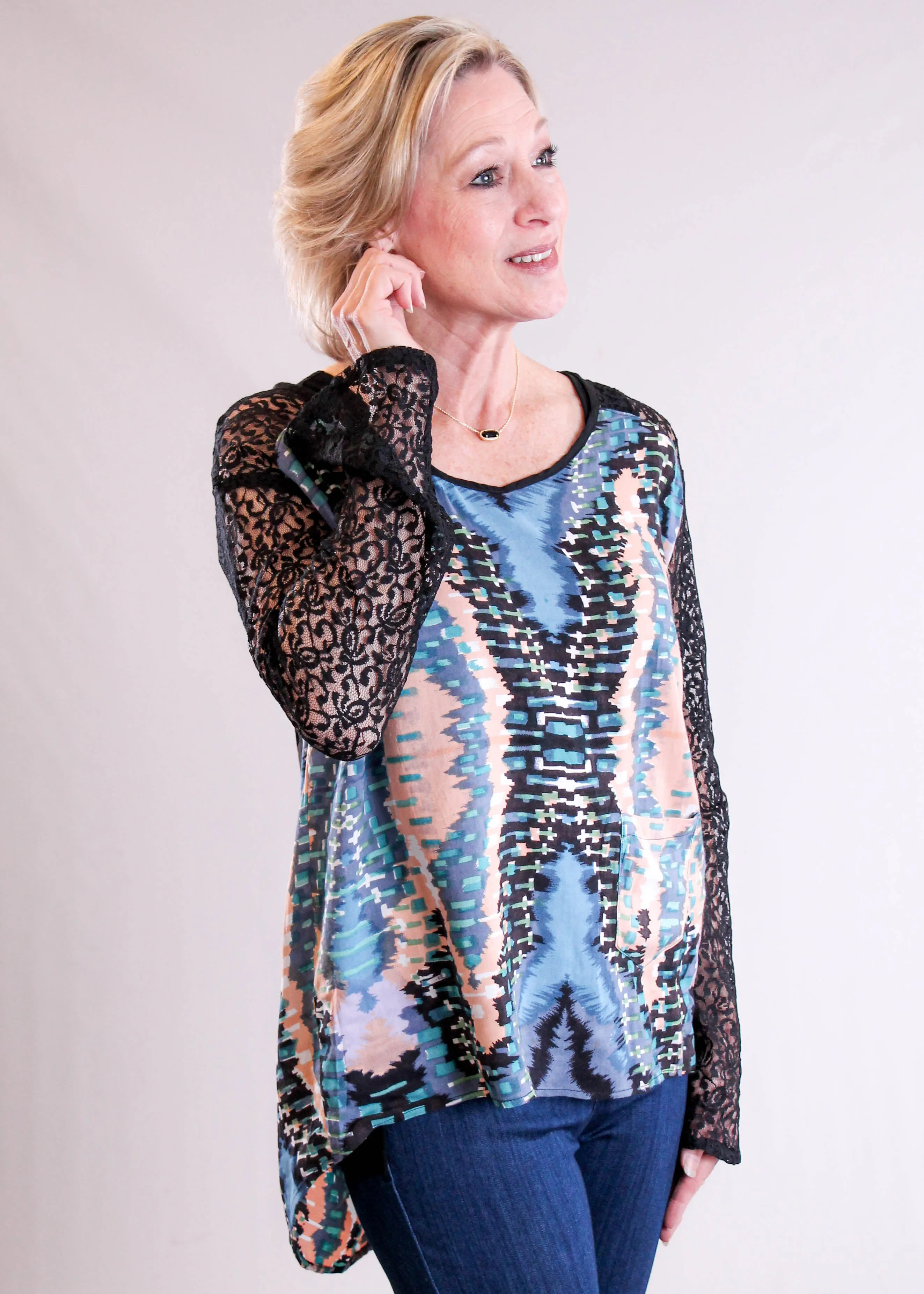 Lola P. Print Top with Lace Sleeves