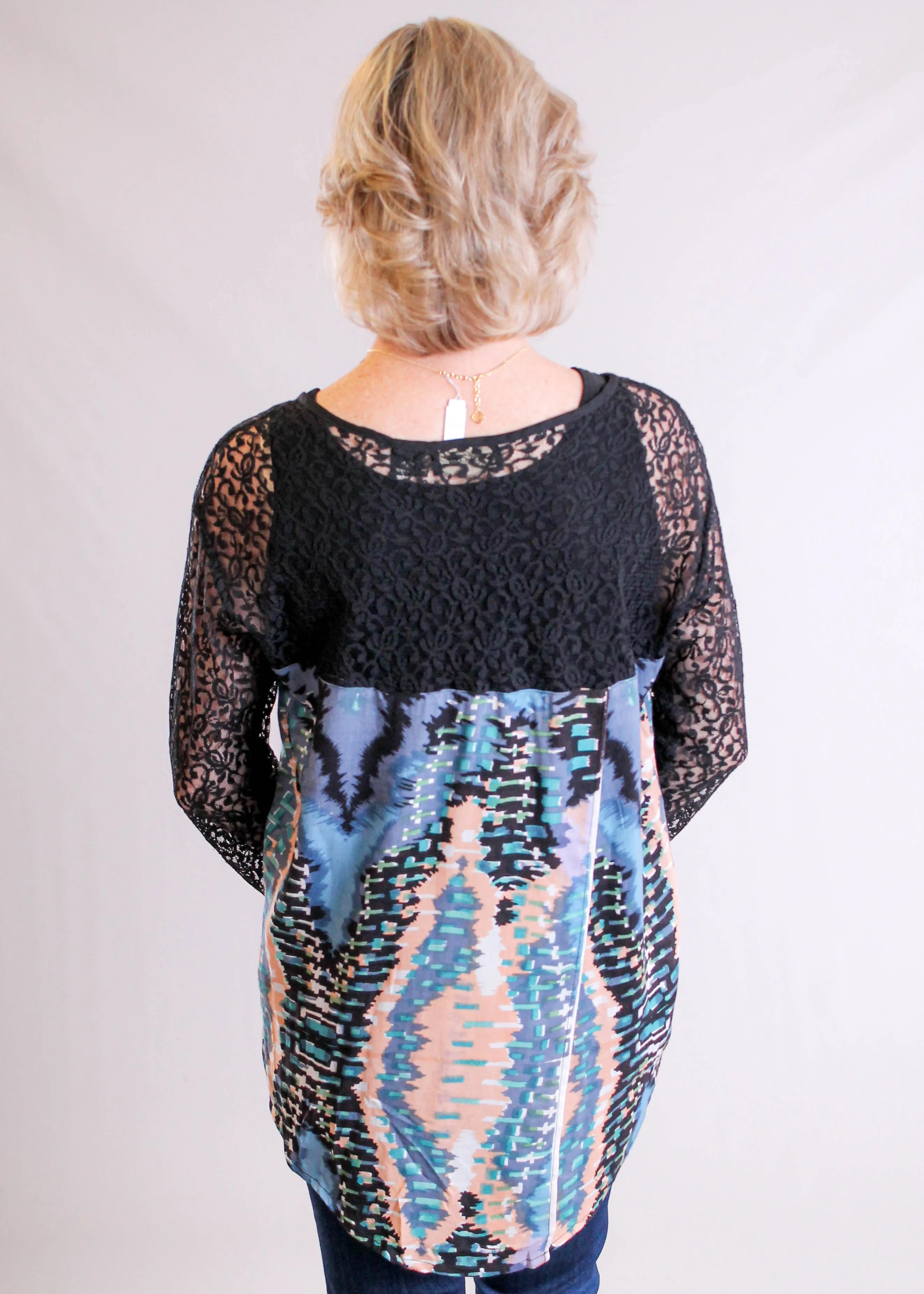 Lola P. Print Top with Lace Sleeves