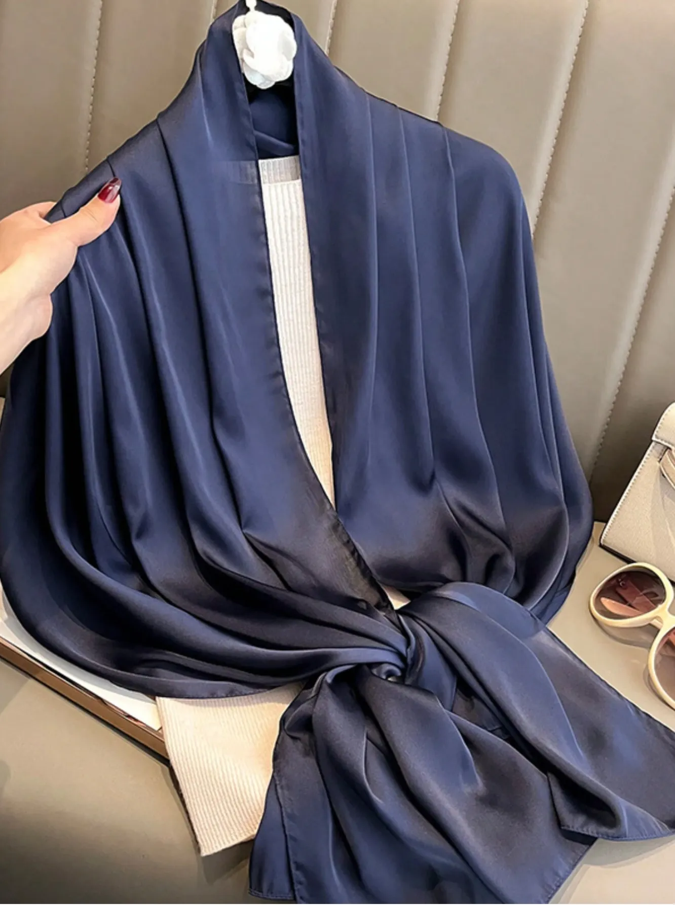 LONG PLAIN NAVY BLUE SATIN SCARF SHAWL WRAP