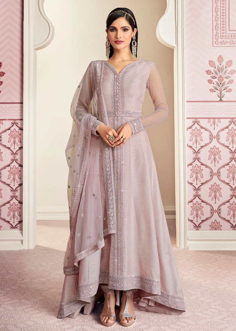 Lovely Lilac Art Silk Fabric Indian Embroidered Anarkali Suit