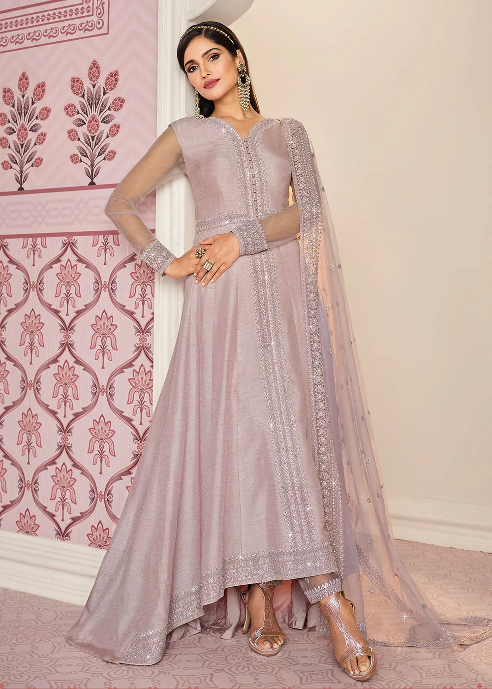 Lovely Lilac Art Silk Fabric Indian Embroidered Anarkali Suit