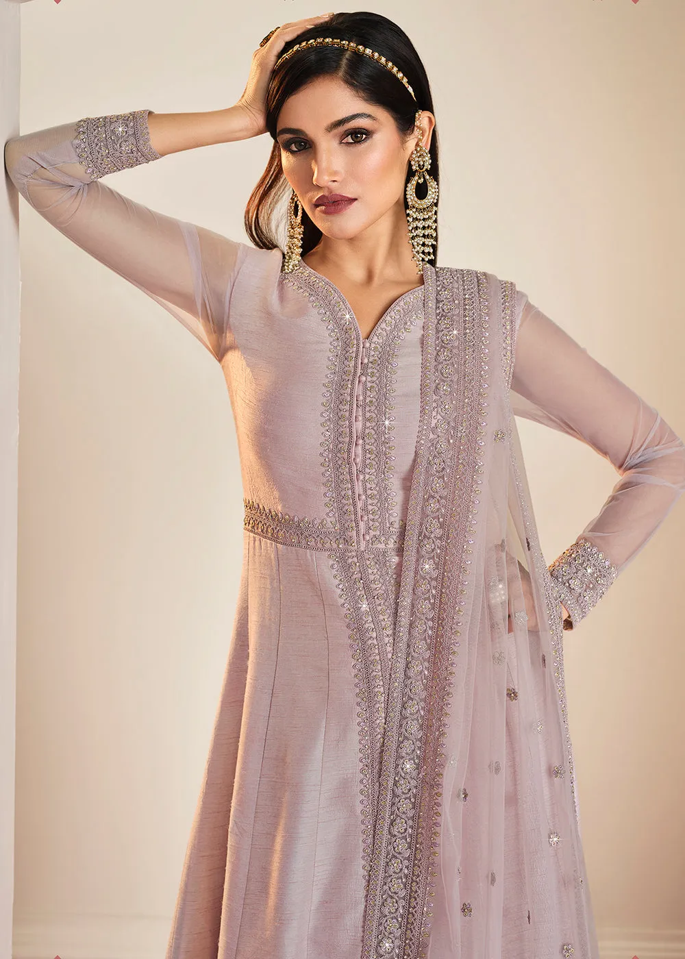 Lovely Lilac Art Silk Fabric Indian Embroidered Anarkali Suit