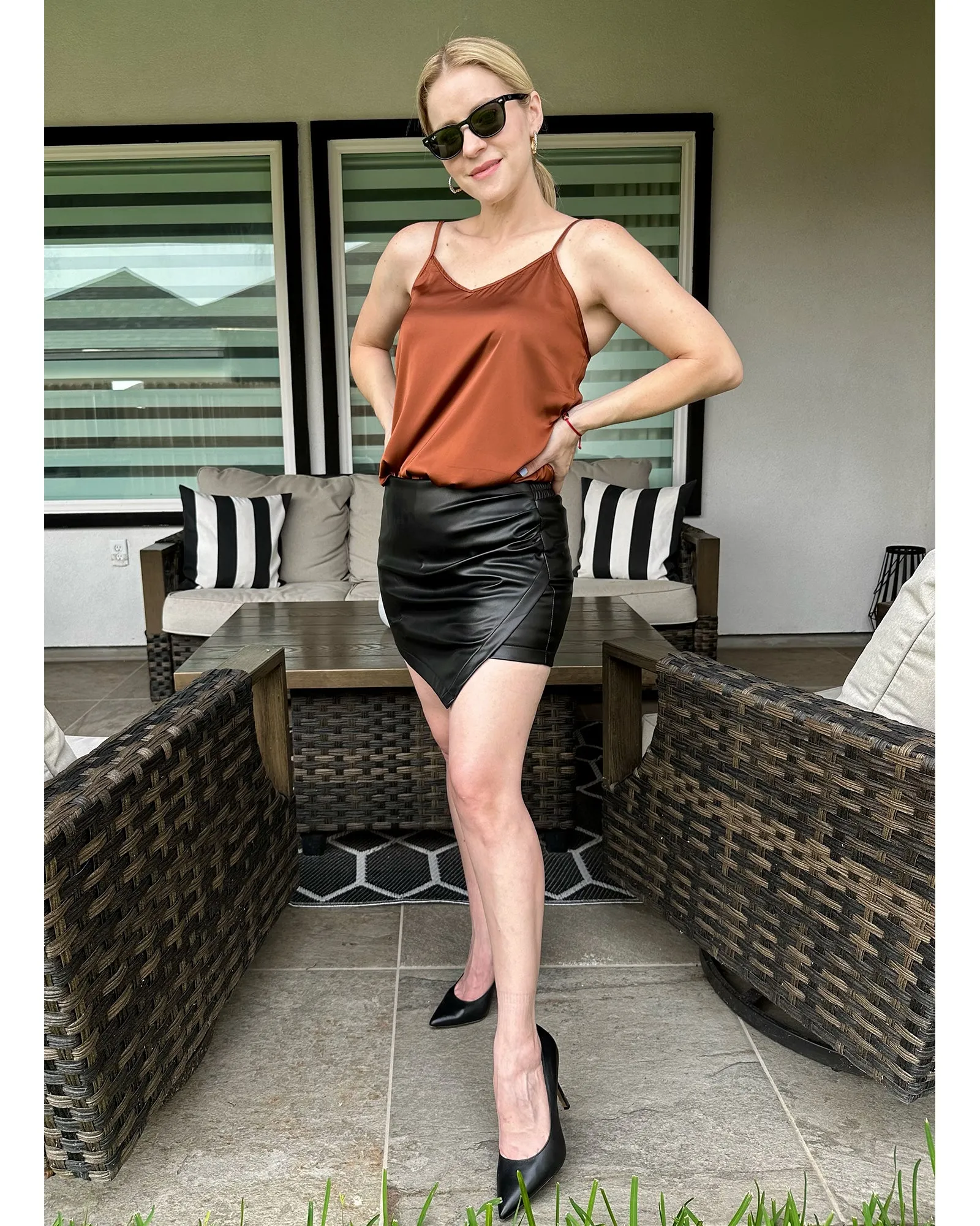 luvamia Shorts for Women Faux Leather Skorts High Waisted PU Leather Shorts Elastic Waist Ruched Wrap Skorts Skirts