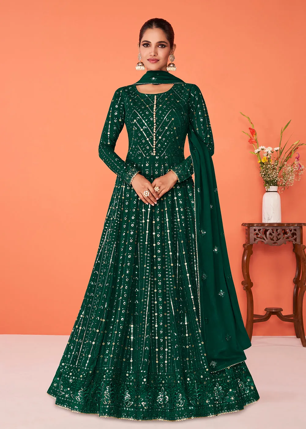 Luxurious Dark Green Georgette Festive Anarkali Featuring Vartika Singh