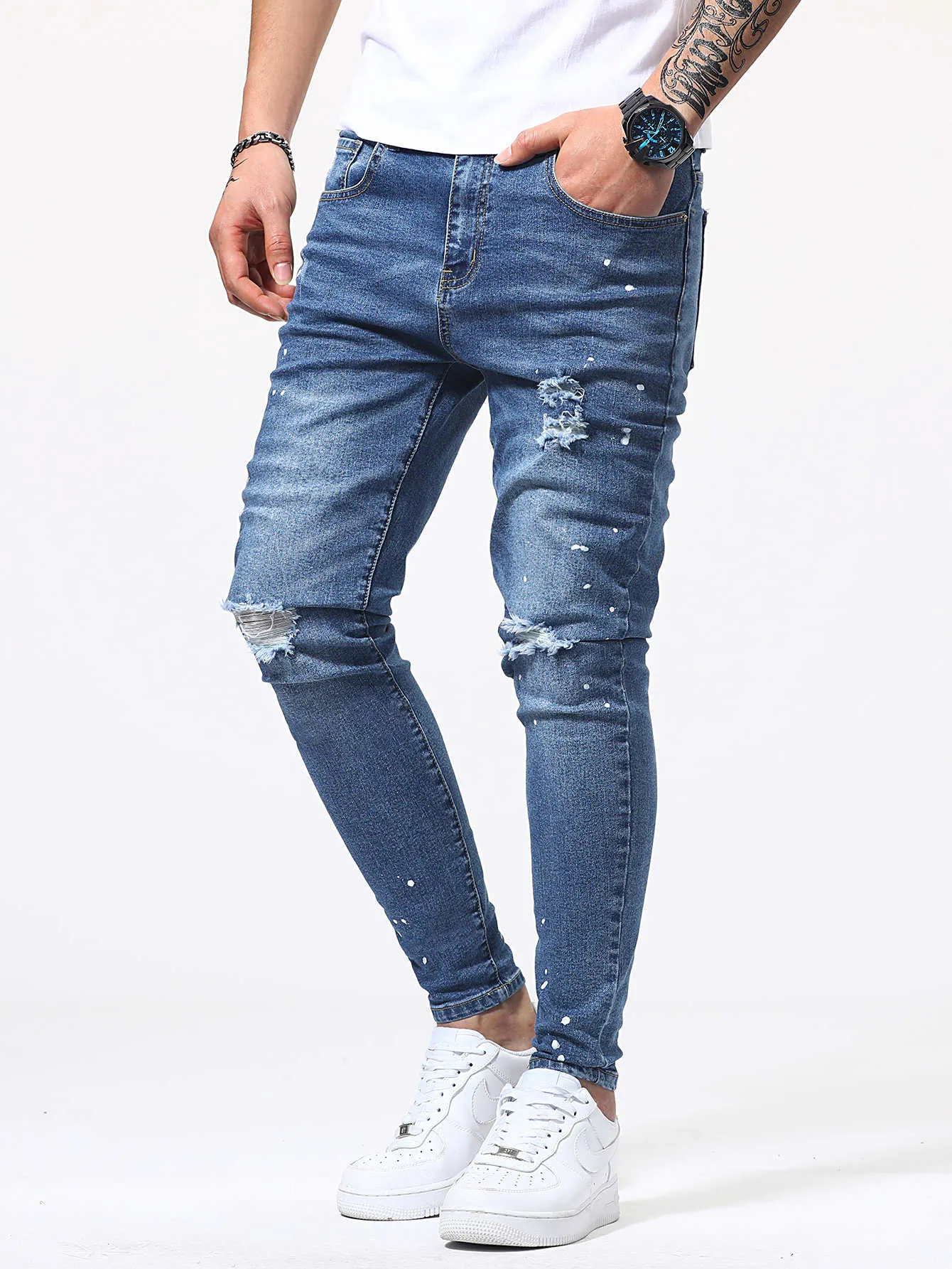 Manfinity Men Paint Splatter Pattern Ripped Jeans