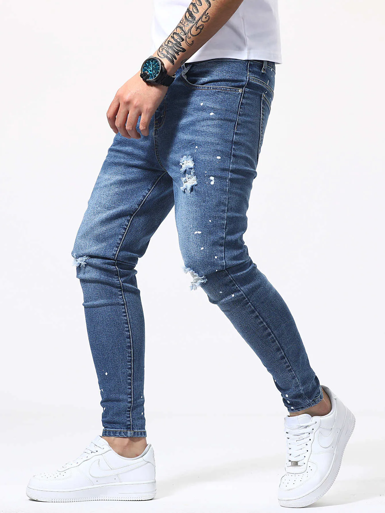 Manfinity Men Paint Splatter Pattern Ripped Jeans