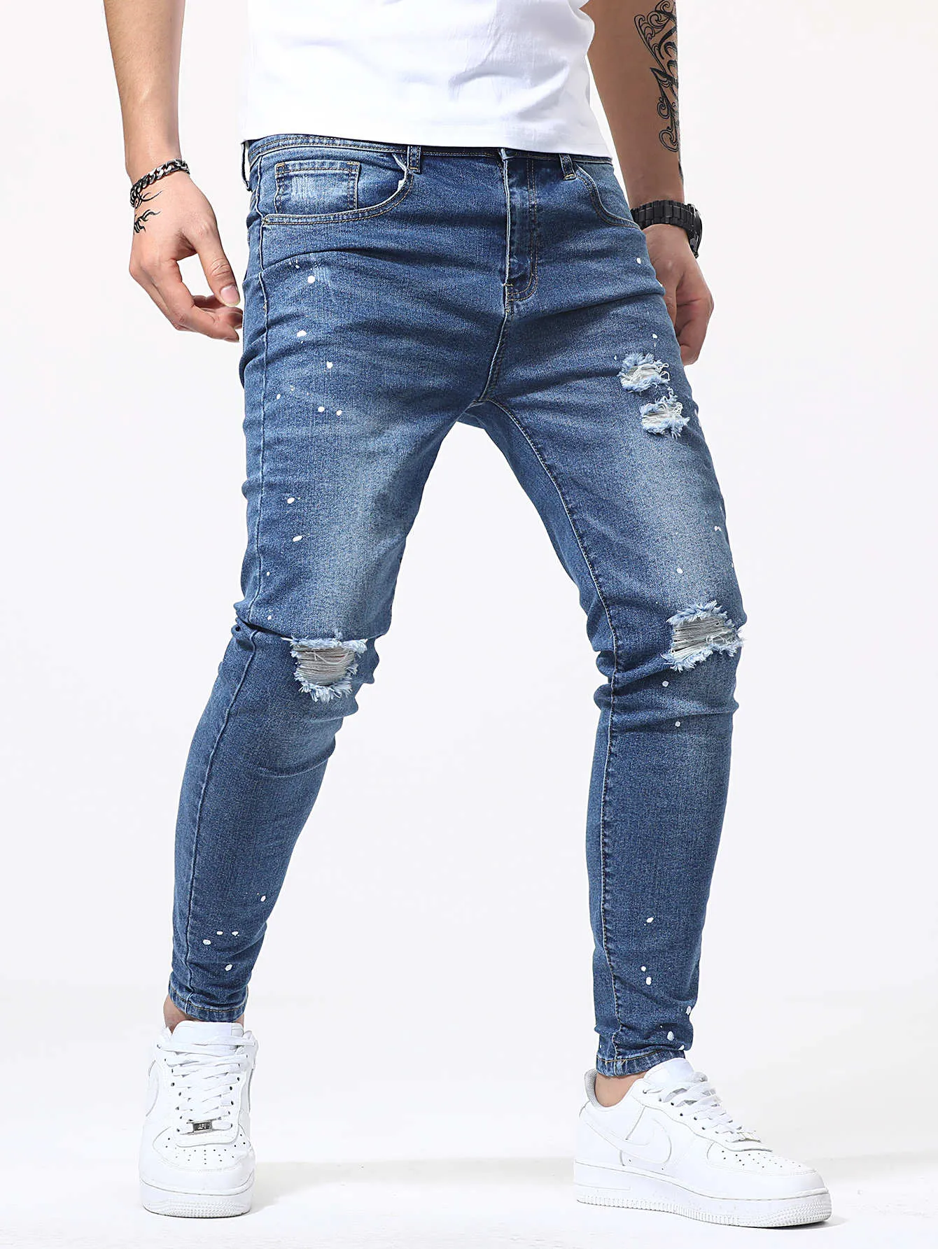 Manfinity Men Paint Splatter Pattern Ripped Jeans