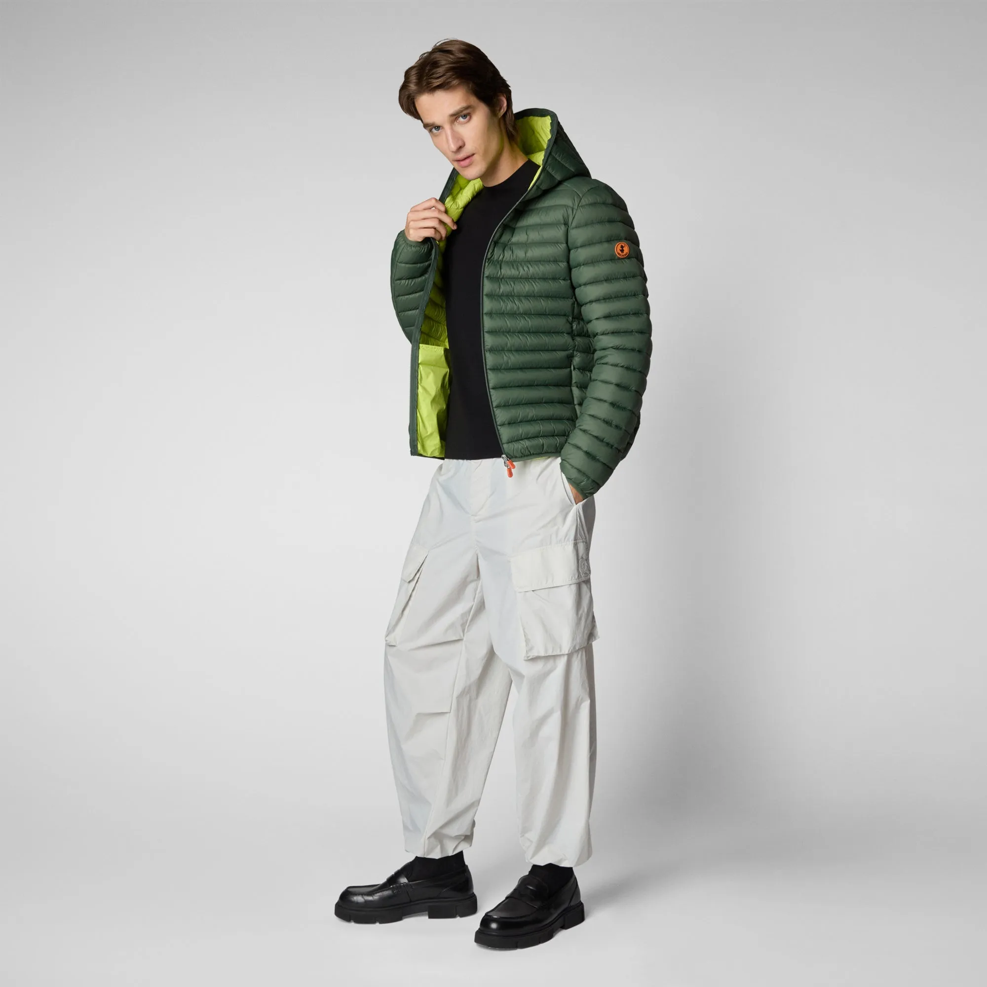 Man's animal free hooded puffer jacket Donald in thyme green