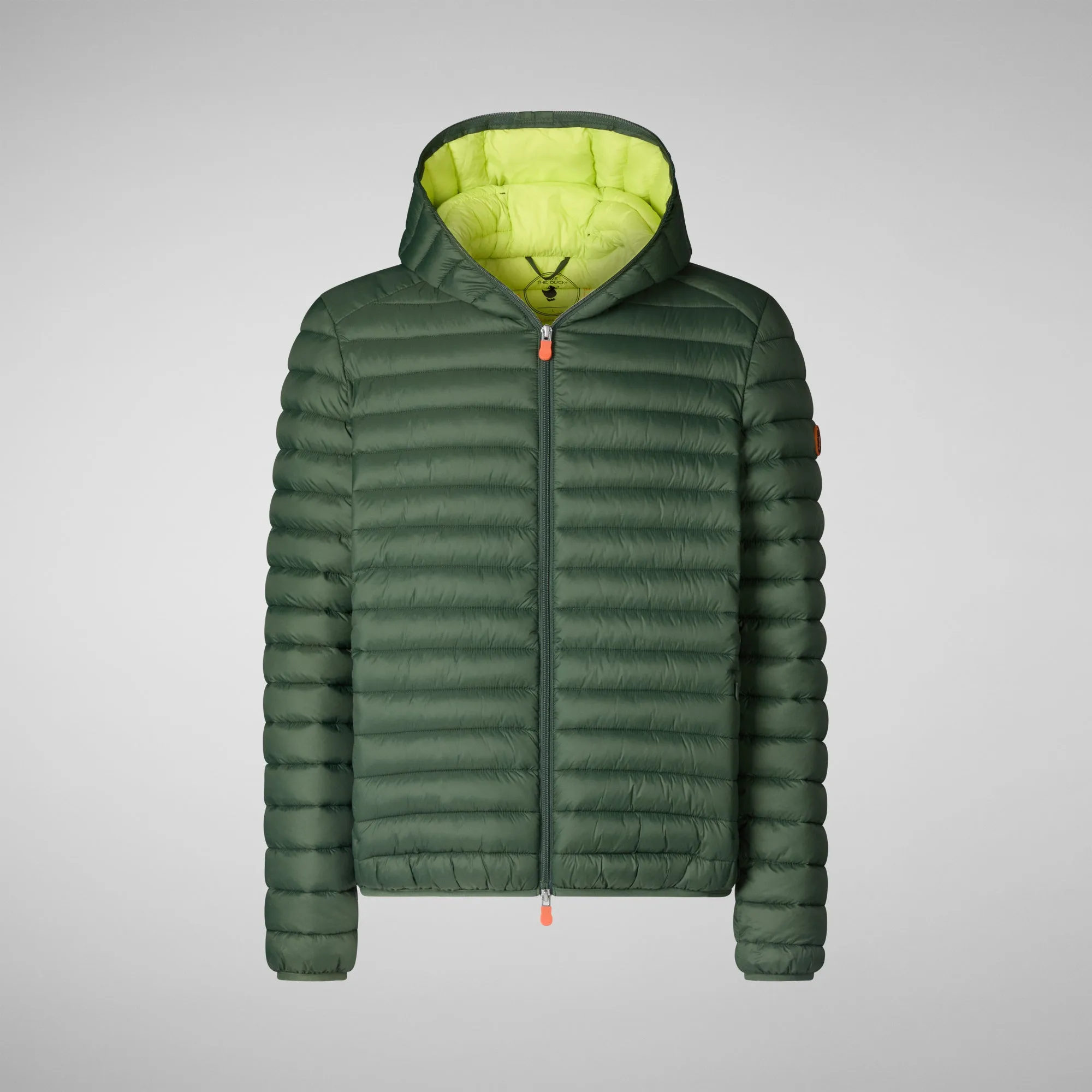 Man's animal free hooded puffer jacket Donald in thyme green