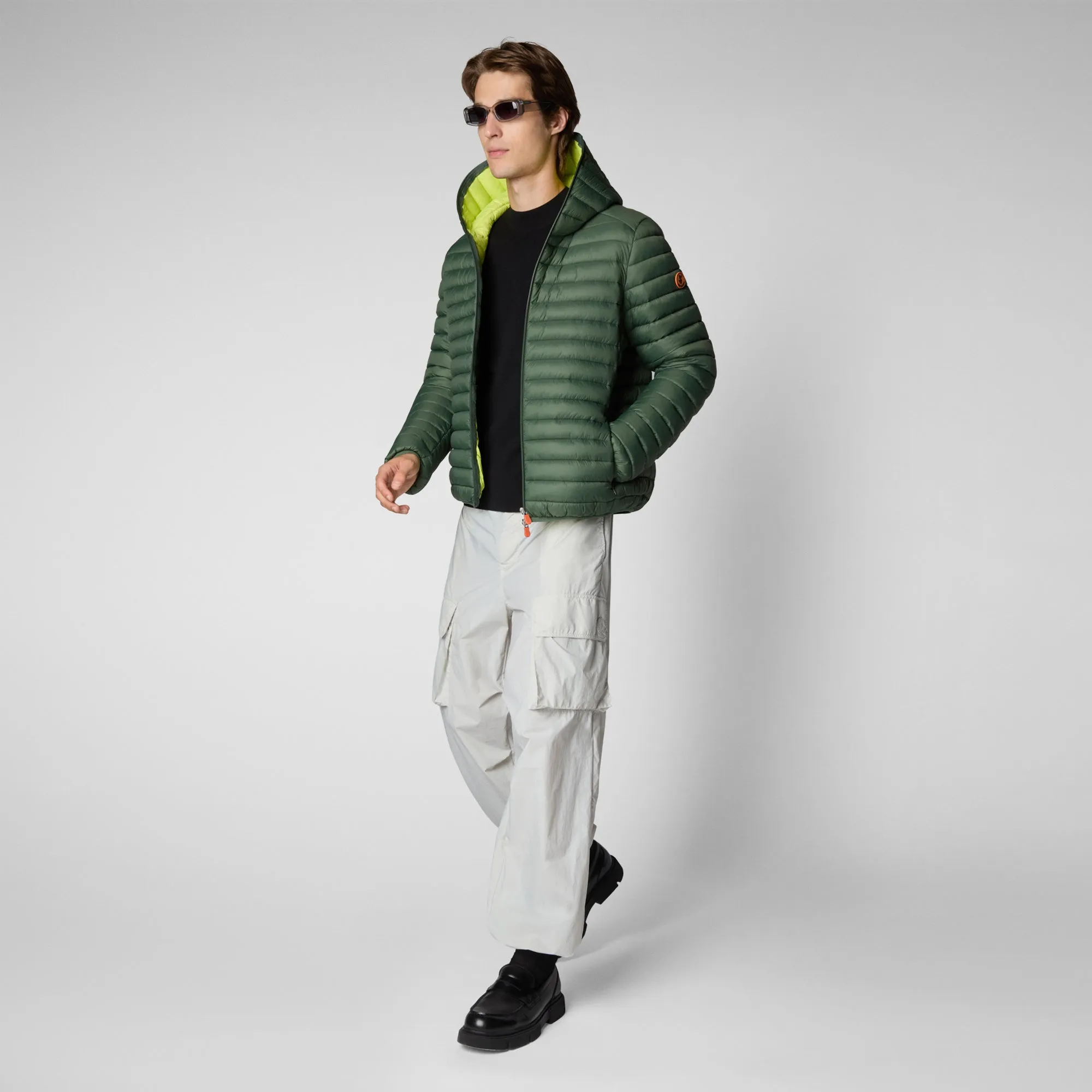 Man's animal free hooded puffer jacket Donald in thyme green