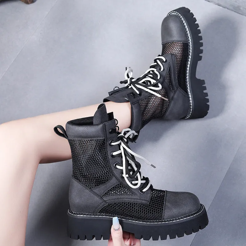 Martin Boots Summer Thin Women's  New Leather Short Boots Breathable Mesh Boots Women's Hollow-out Mesh Boots Summer