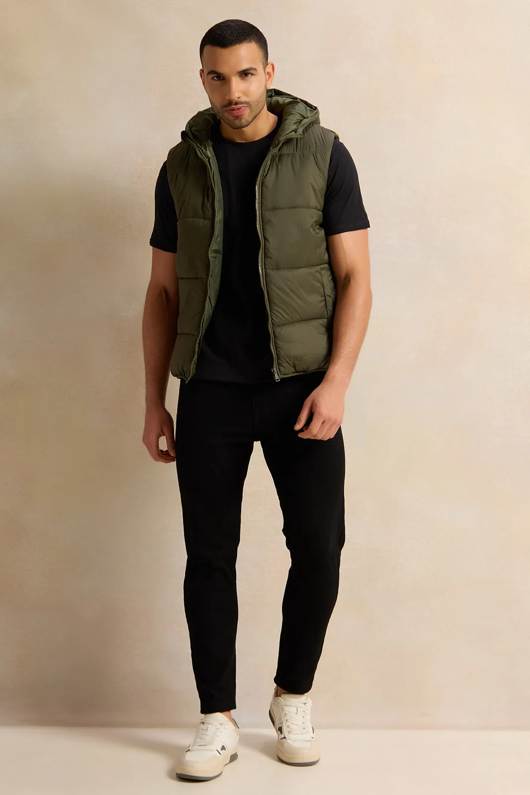 Men Olive Sleeveless Puffer Jacket