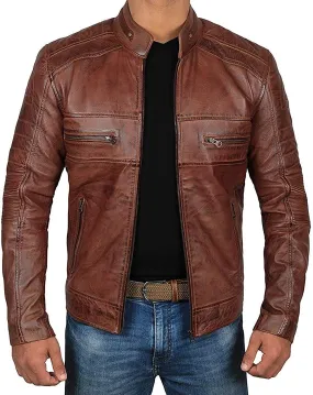 Men's Chocolate Brown Waxed Perforated Lambskin Leather Jacket