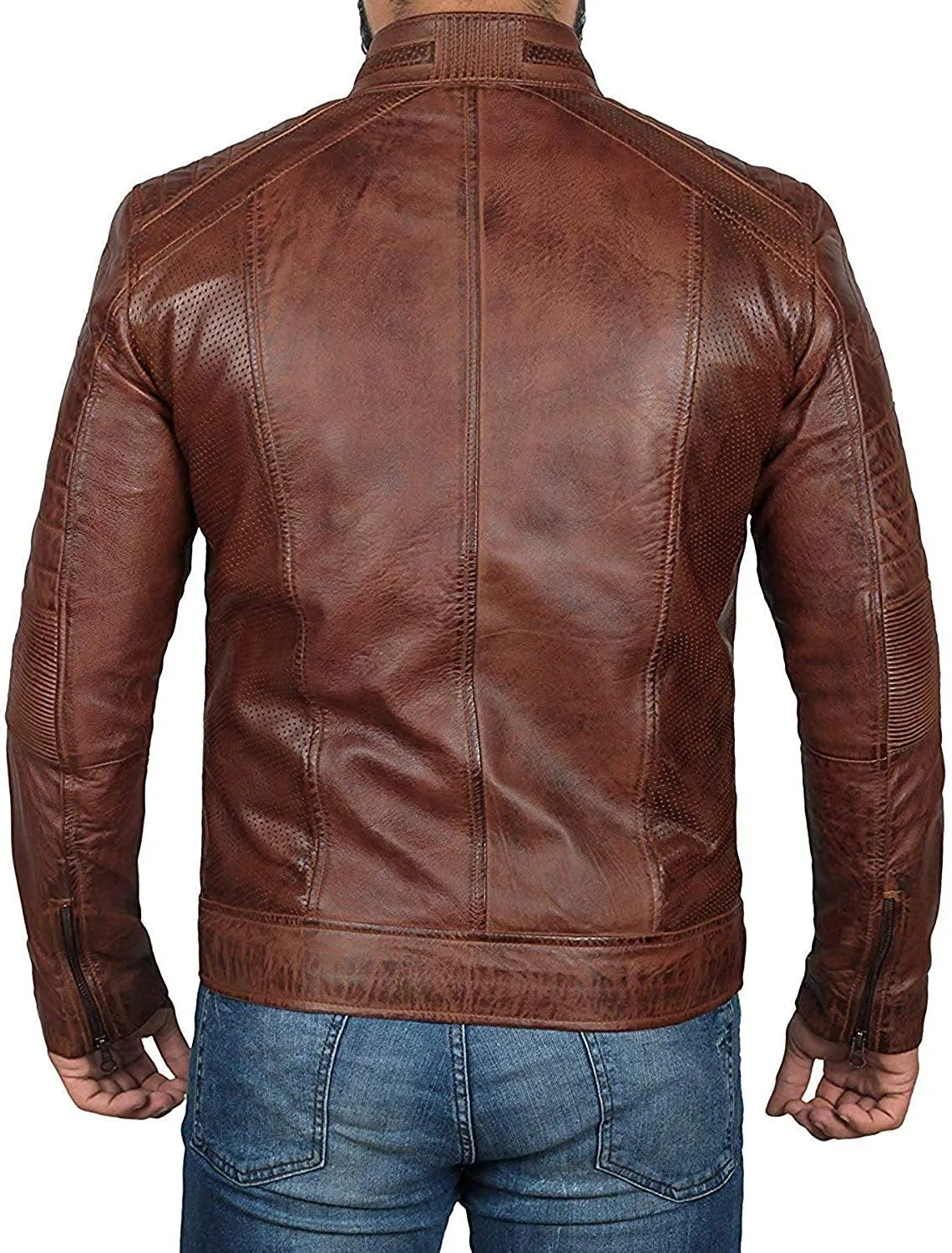 Men's Chocolate Brown Waxed Perforated Lambskin Leather Jacket