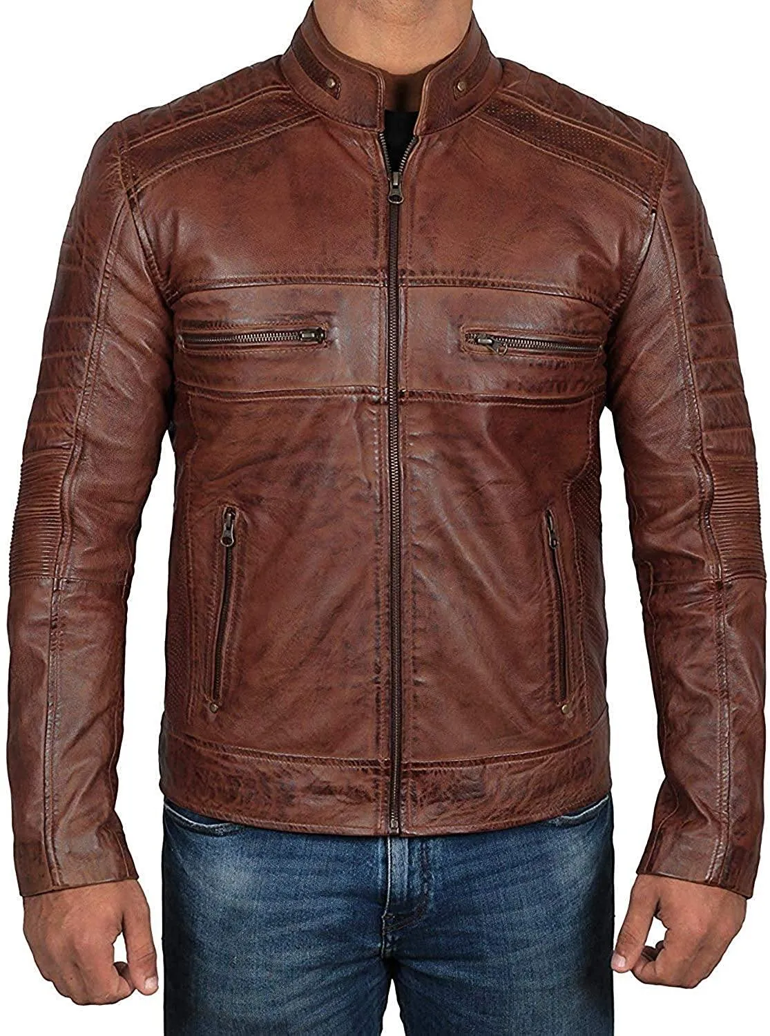 Men's Chocolate Brown Waxed Perforated Lambskin Leather Jacket