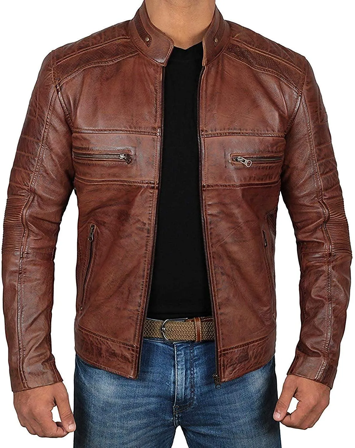 Men's Chocolate Brown Waxed Perforated Lambskin Leather Jacket