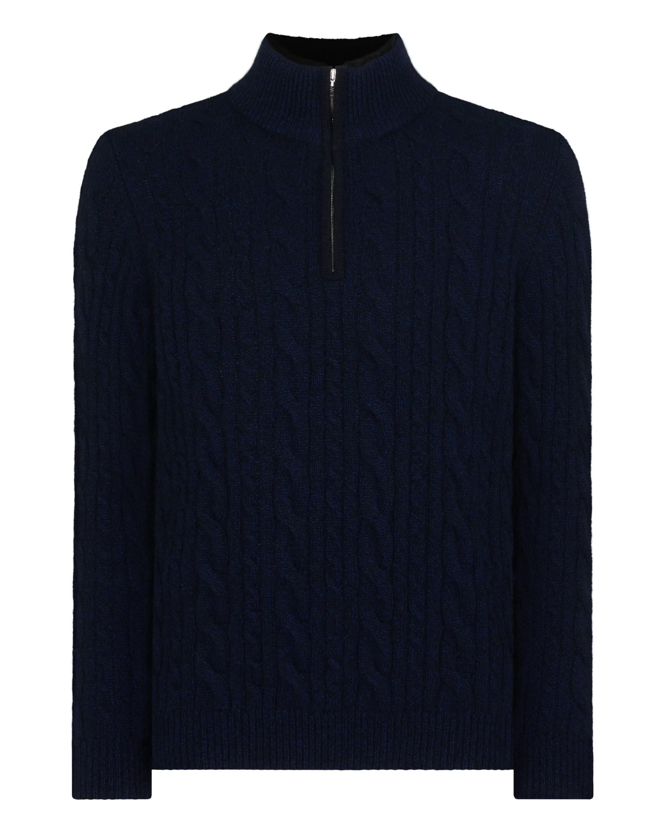 Men's Fur Trim Half Zip Cashmere Sweater Navy Blue Melange