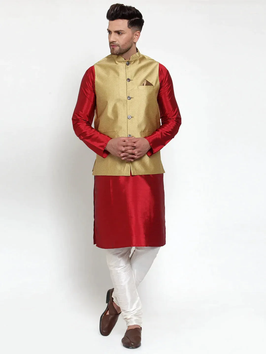 Men'S Gold Woven Jacquard Nehru Jacket