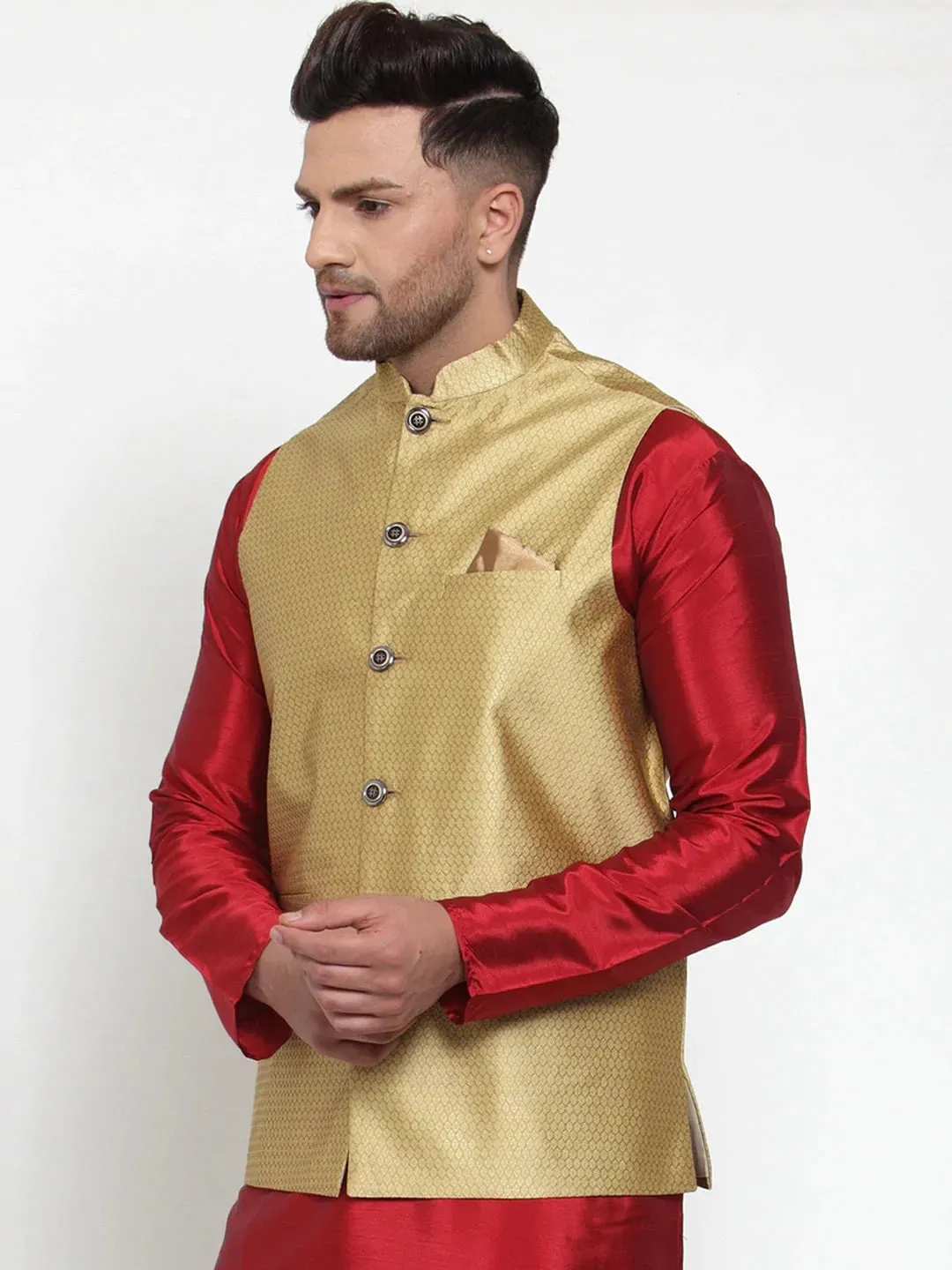 Men'S Gold Woven Jacquard Nehru Jacket