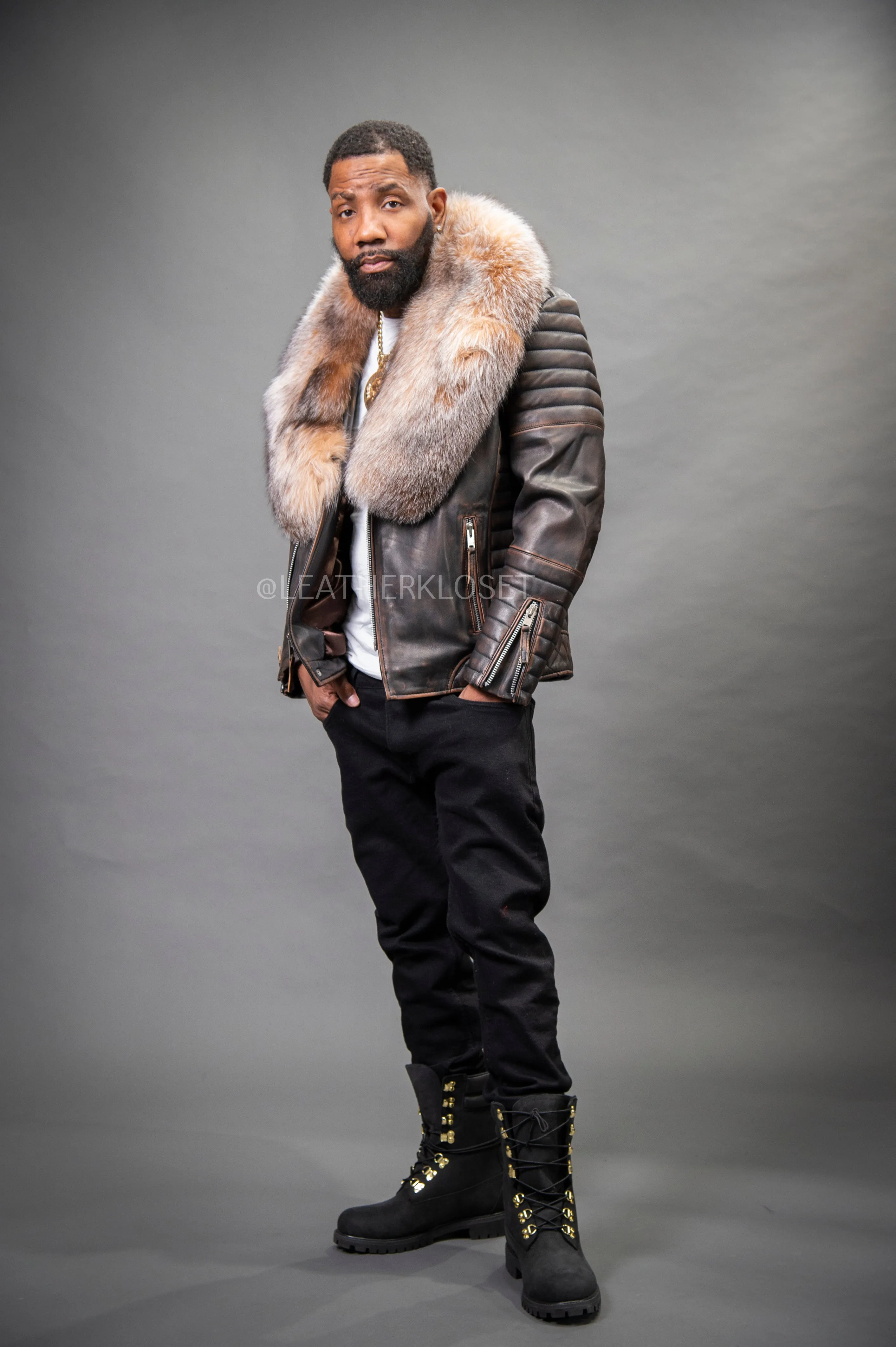 Men's Jay Biker Copper With Full Fox Fur Collar [Crystal]