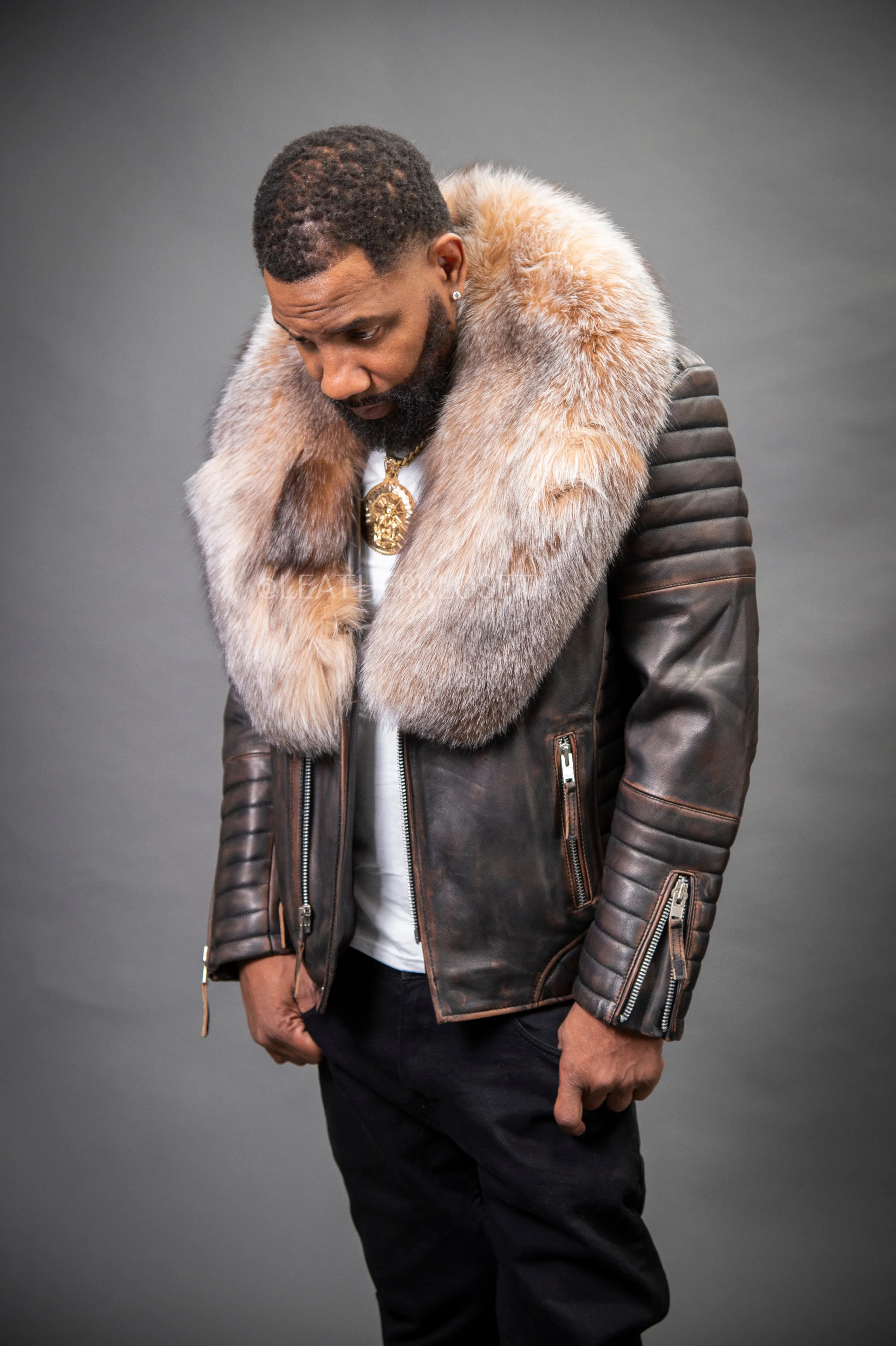 Men's Jay Biker Copper With Full Fox Fur Collar [Crystal]