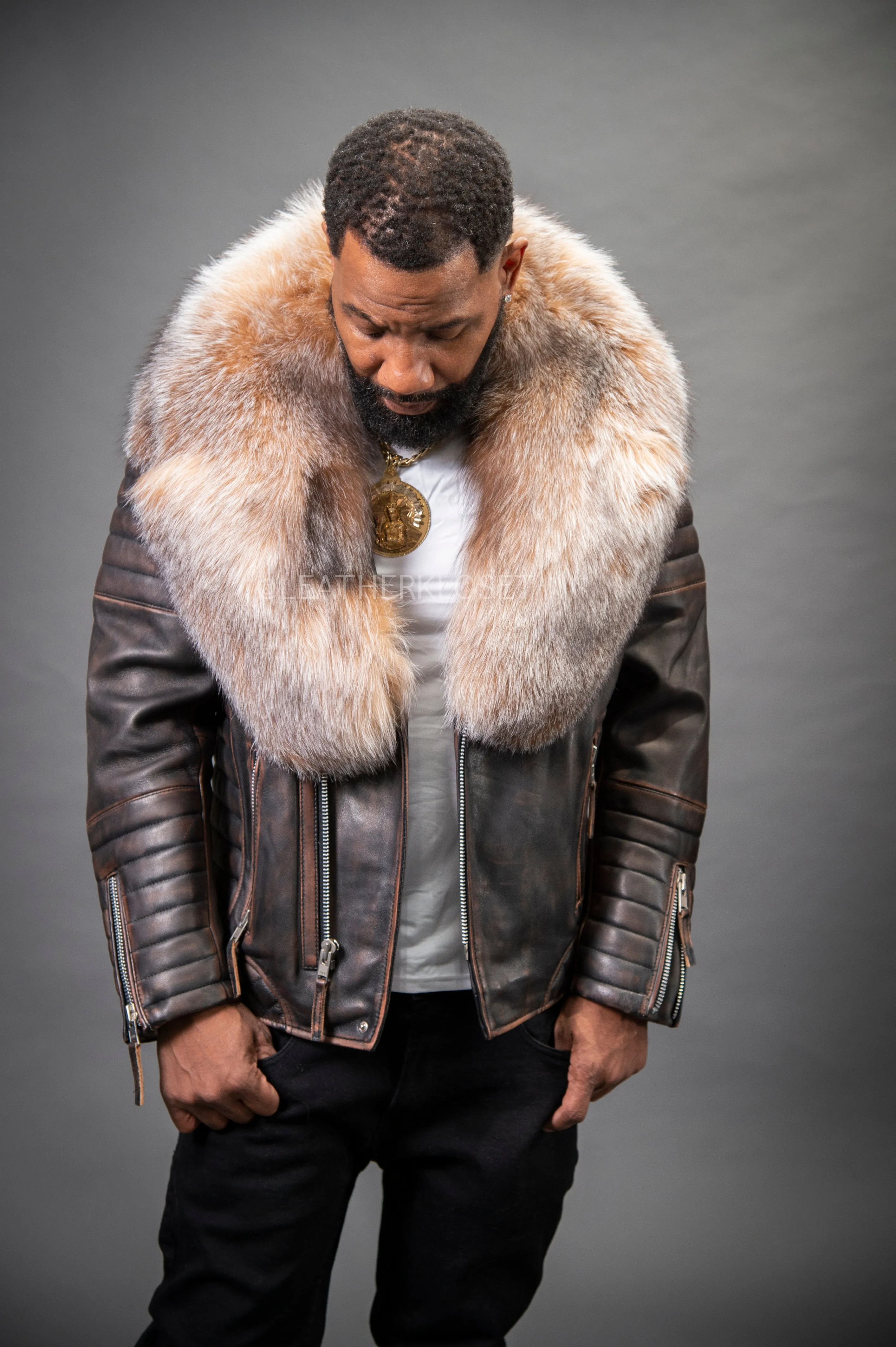 Men's Jay Biker Copper With Full Fox Fur Collar [Crystal]