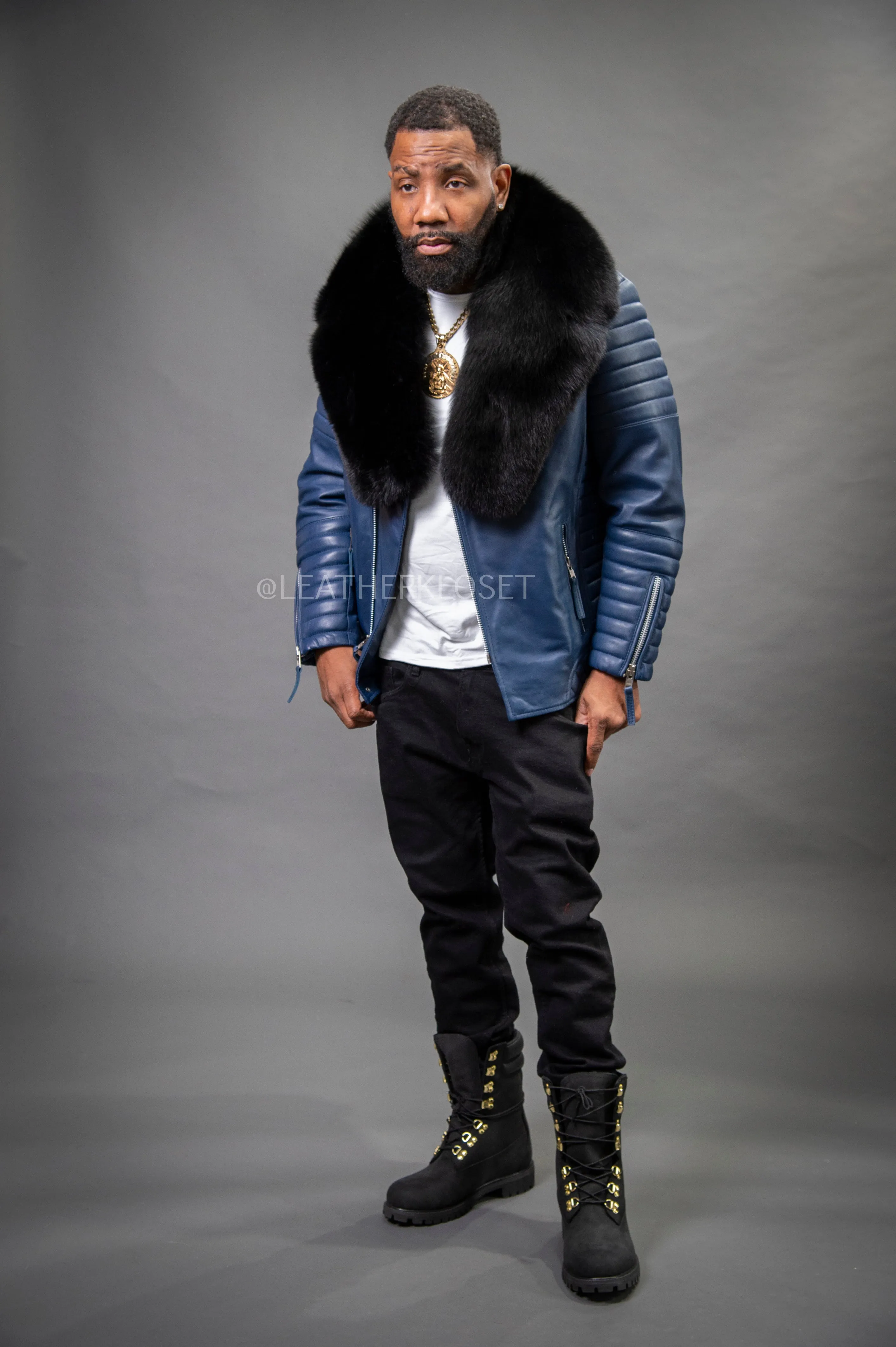 Men's Jay Biker Navy With Full Fox Fur Collar [Black]