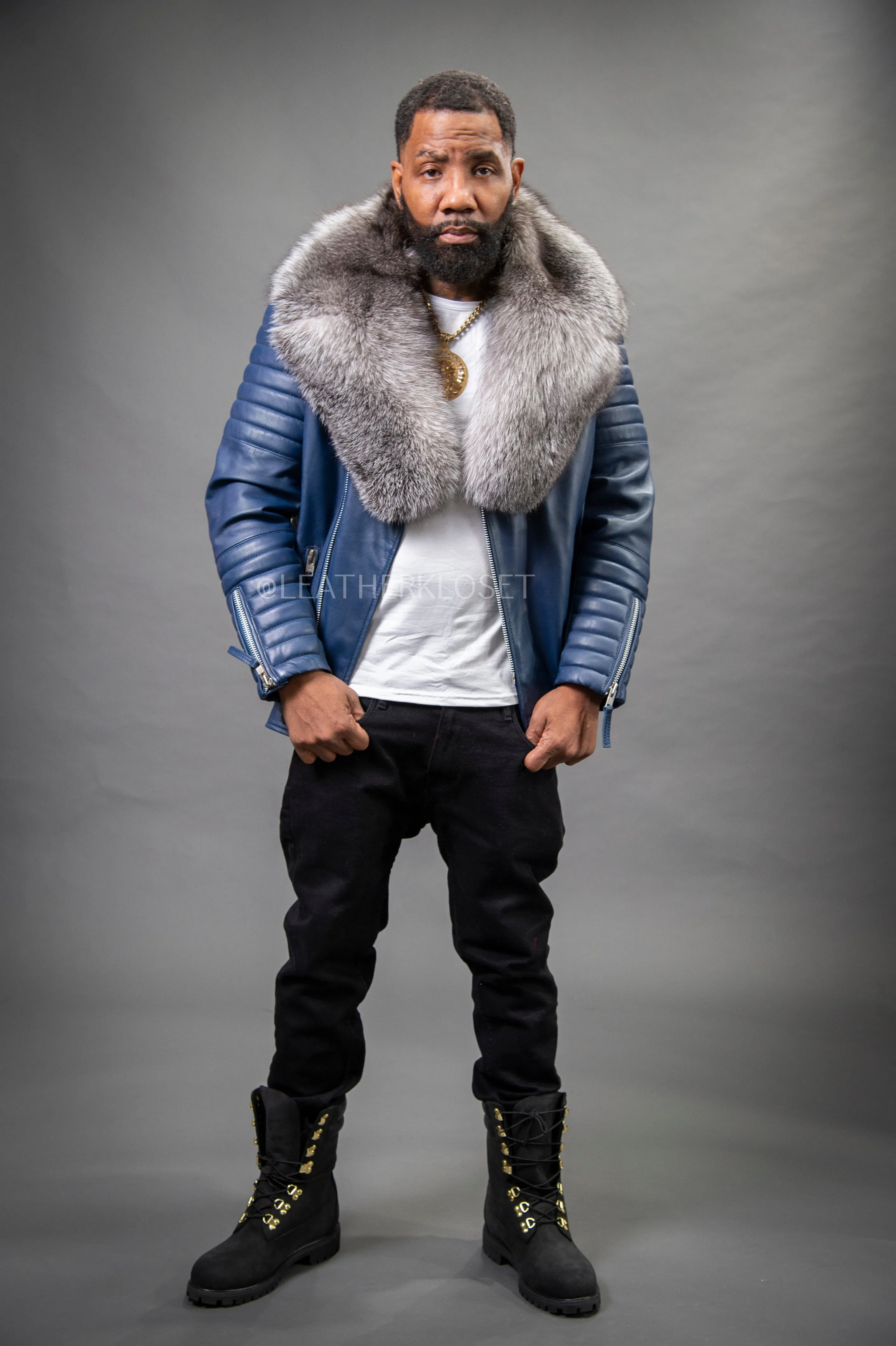 Men's Jay Biker Navy With Full Fox Fur Collar [Silver Fox]