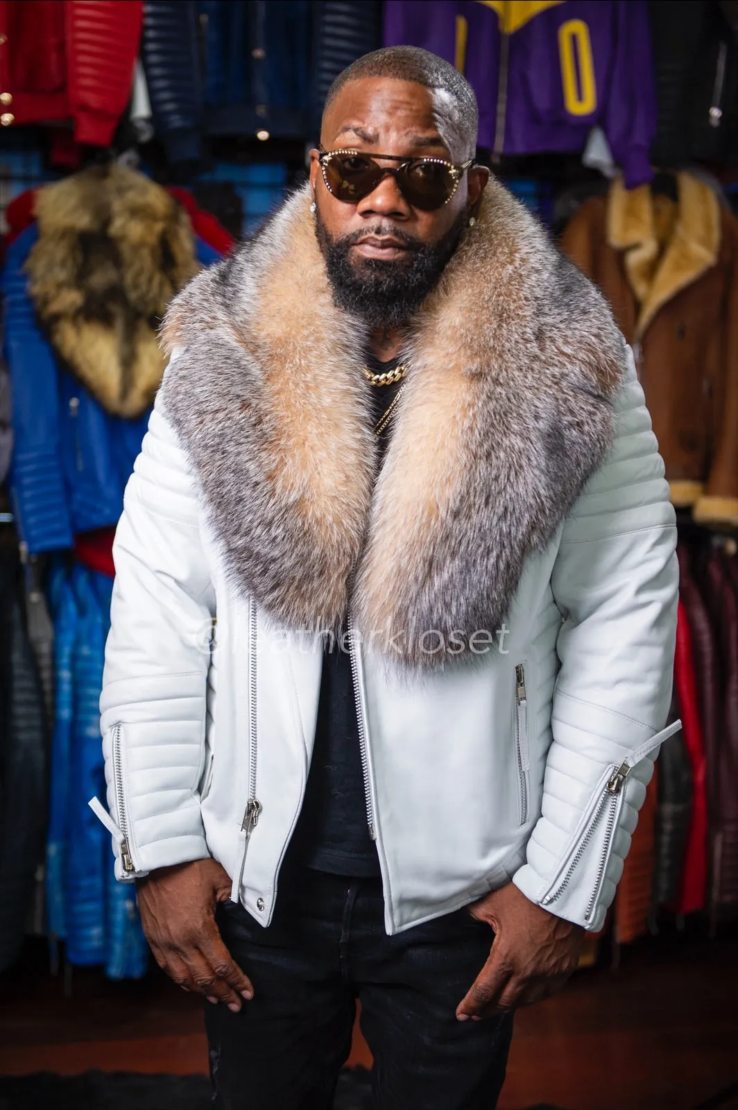 Men's Jay Biker White With Full Cyrstal Fox Fur Collar