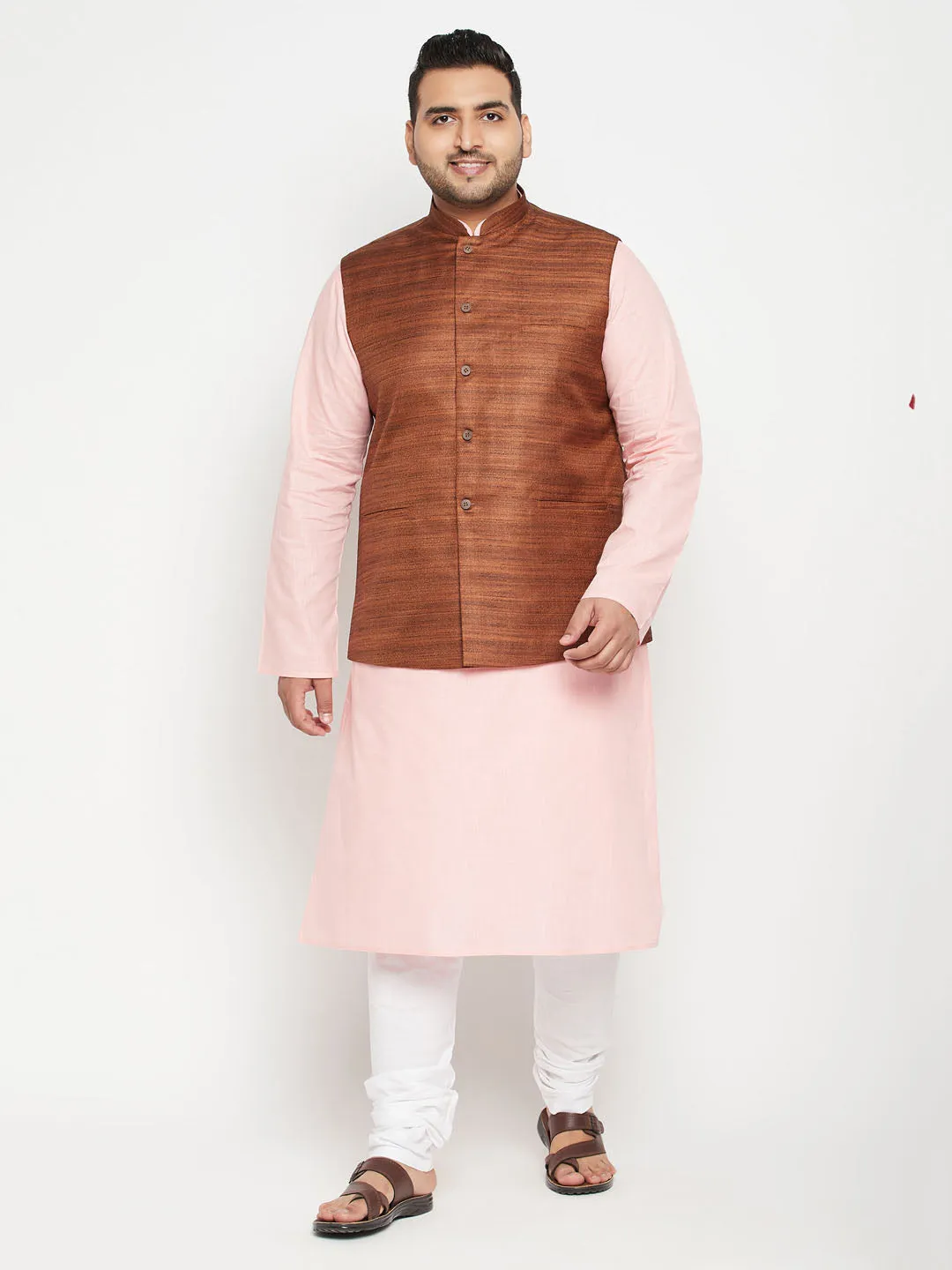 Men's Plus Pink, Coffee Brown And White Cotton Blend Jacket Kurta Pyjama Set - Vastramay