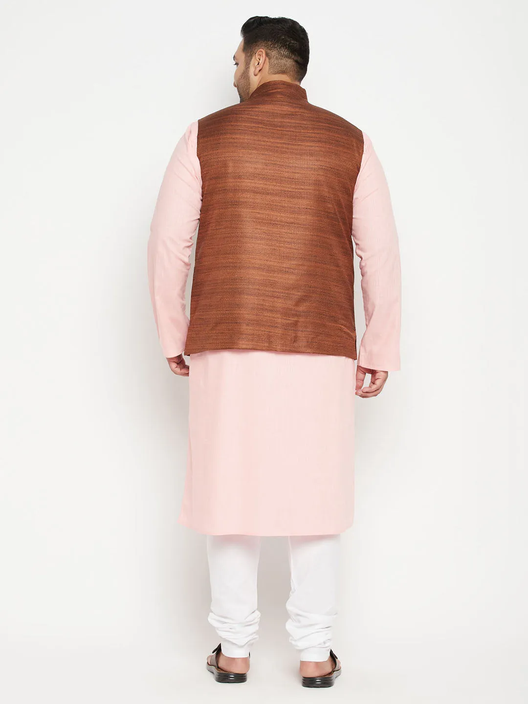 Men's Plus Pink, Coffee Brown And White Cotton Blend Jacket Kurta Pyjama Set - Vastramay