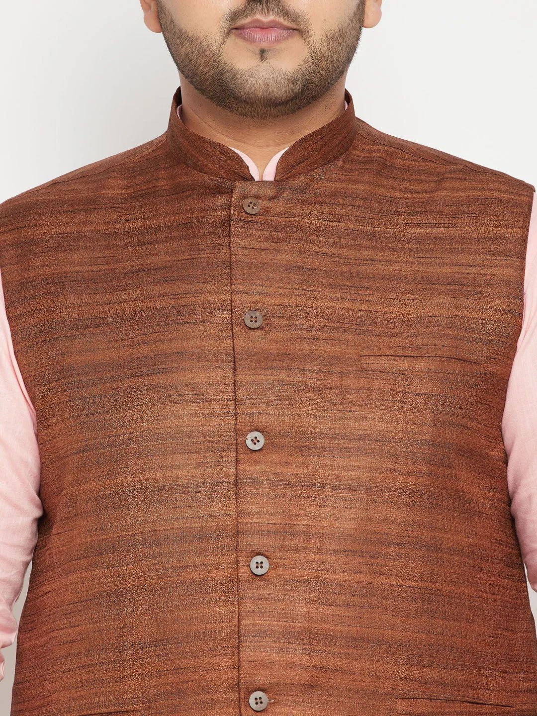 Men's Plus Pink, Coffee Brown And White Cotton Blend Jacket Kurta Pyjama Set - Vastramay