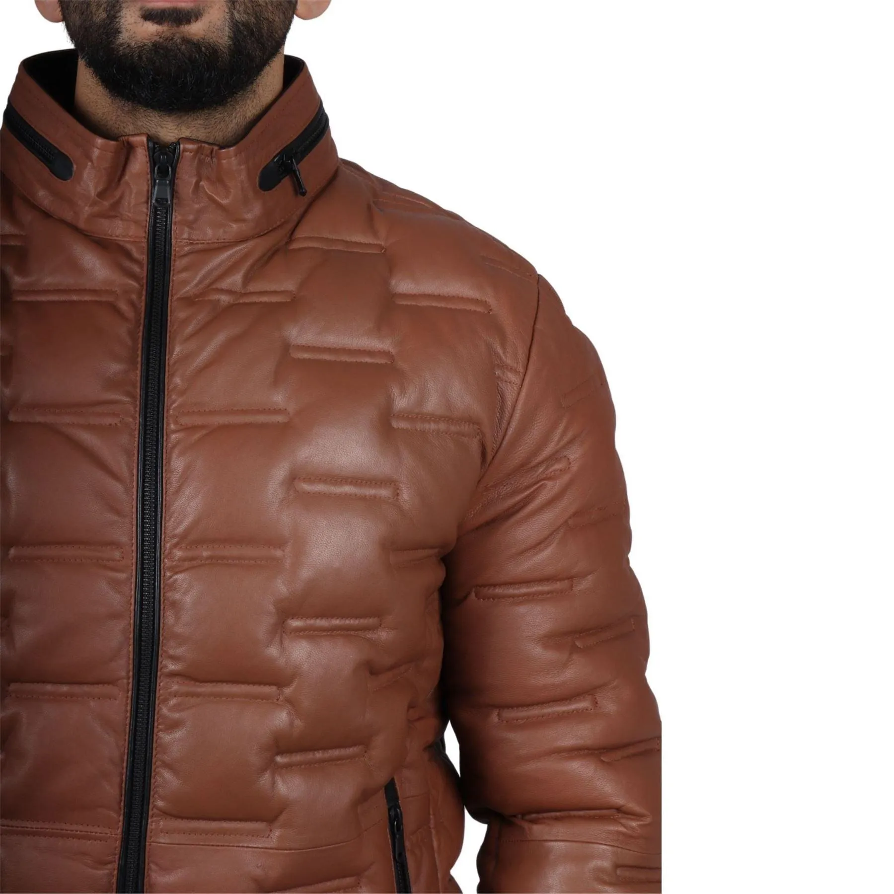 Men's Puffer Quilted Real Leather Jacket Casual Waist Length