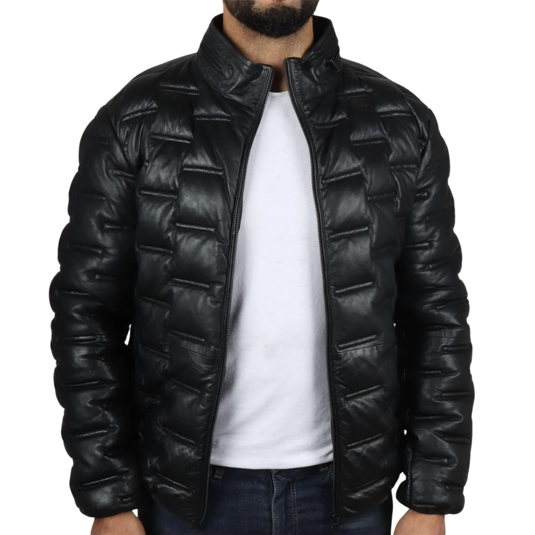 Men's Puffer Quilted Real Leather Jacket Casual Waist Length