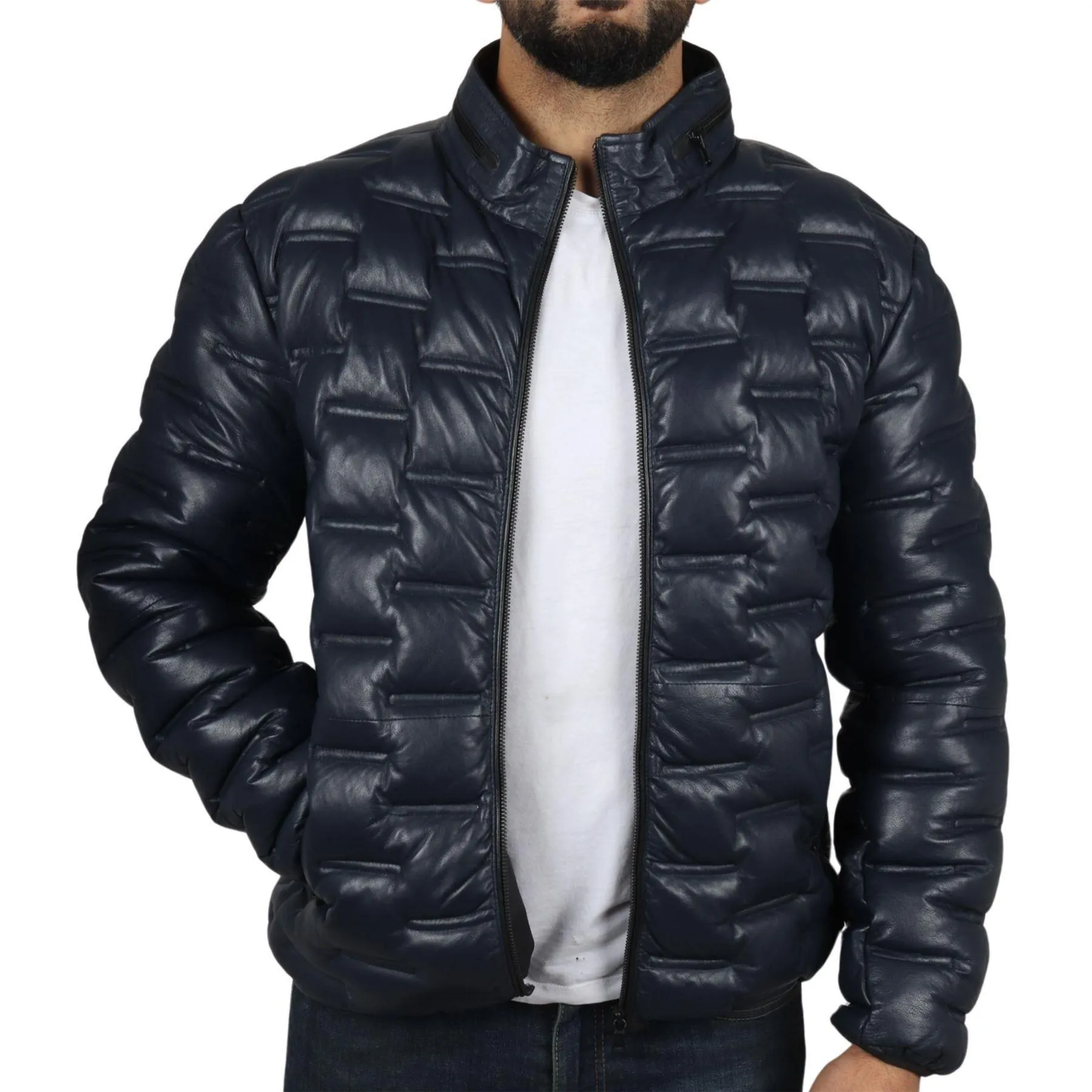 Men's Puffer Quilted Real Leather Jacket Casual Waist Length