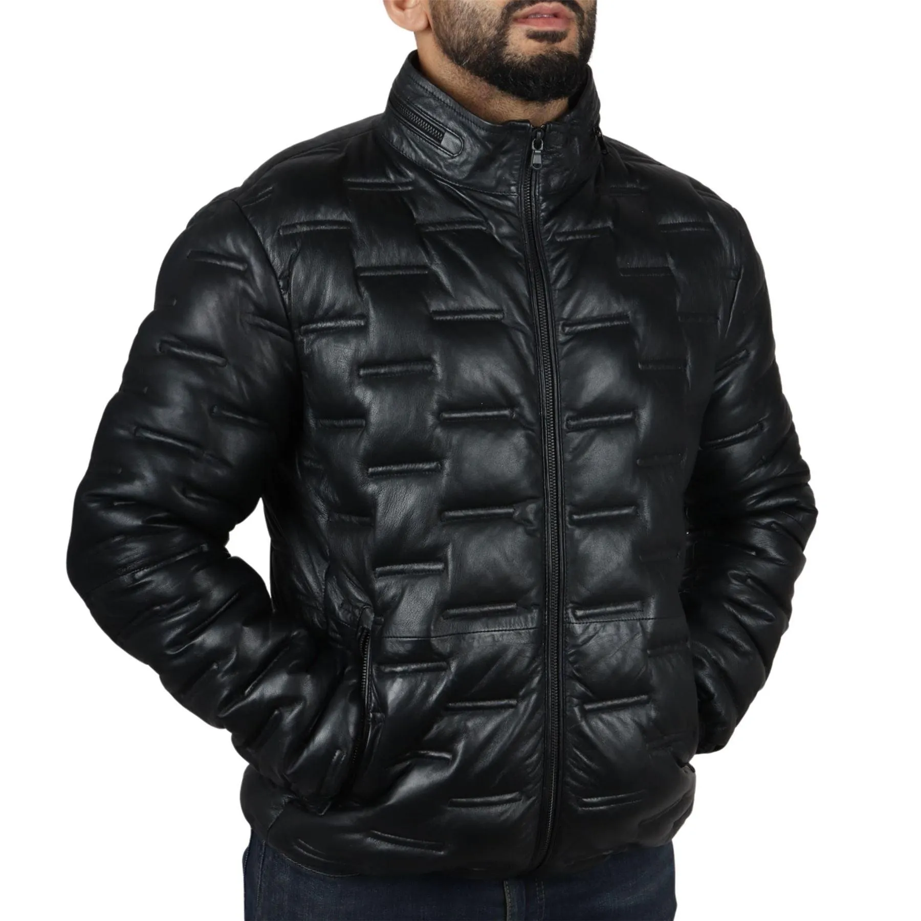 Men's Puffer Quilted Real Leather Jacket Casual Waist Length