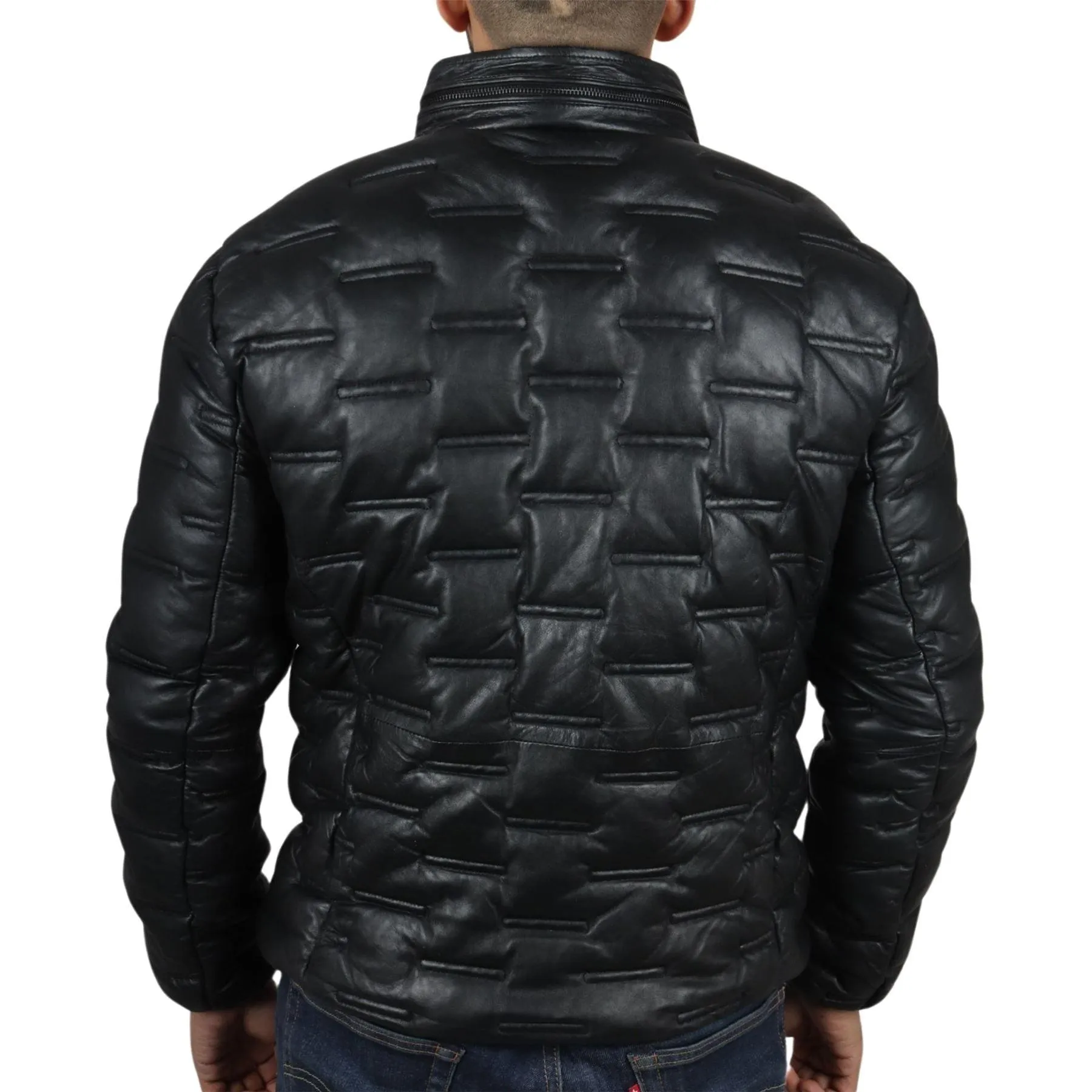 Men's Puffer Quilted Real Leather Jacket Casual Waist Length