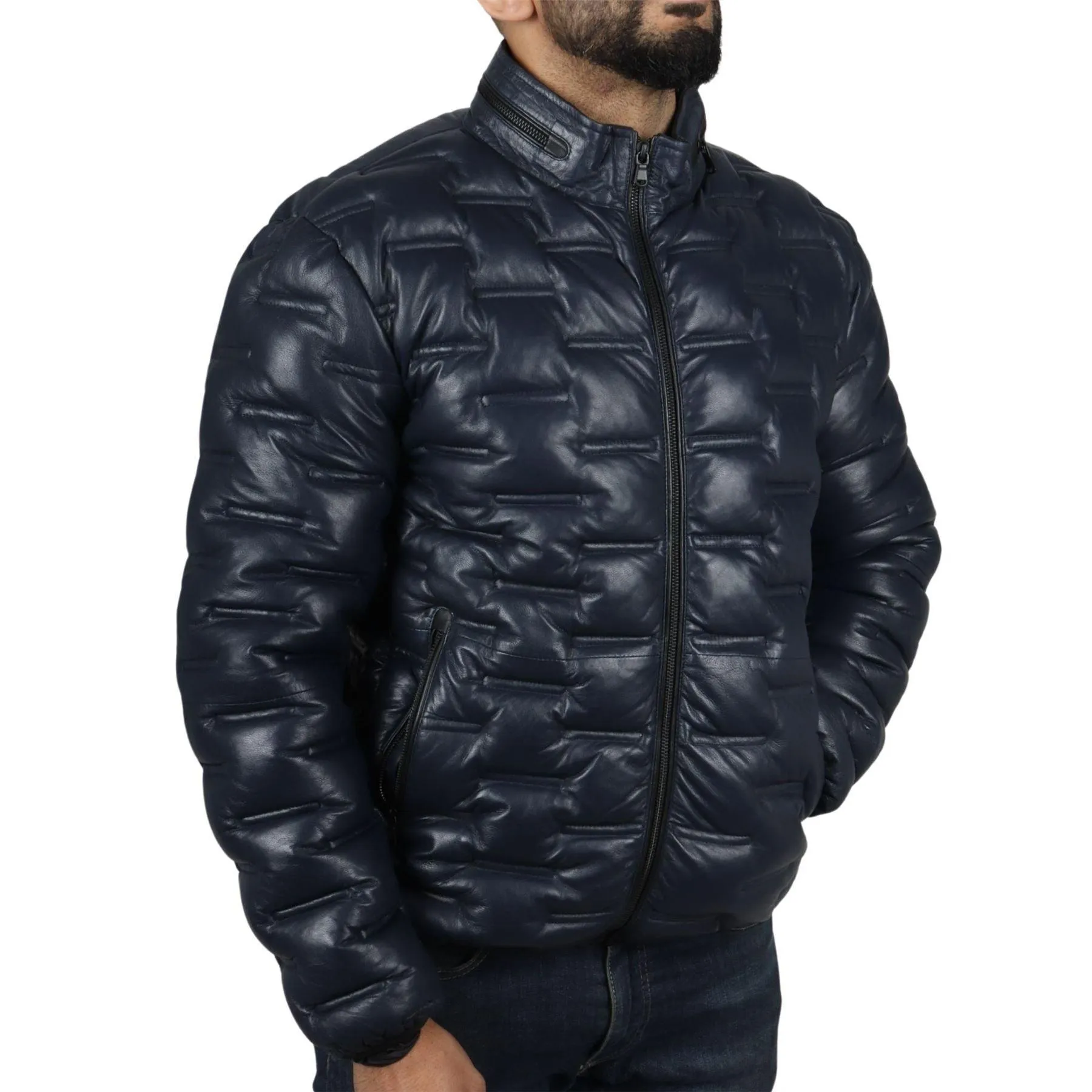 Men's Puffer Quilted Real Leather Jacket Casual Waist Length