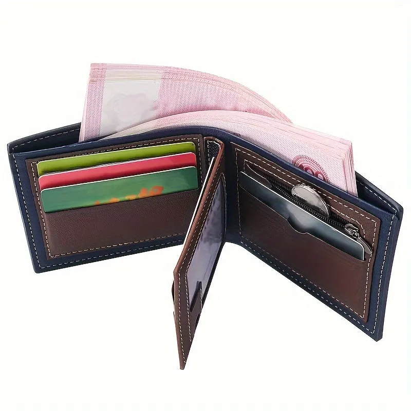 Men's Simple Style PU Leather Wallet, Casual Bifold With Card Slots, Secure Zipper Coin Pocket & Money Clip, Durable Billfold