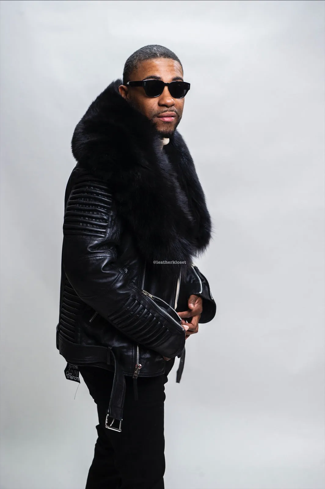 Men's Trey Biker Black Full Fox Fur Collar [Black Fox]